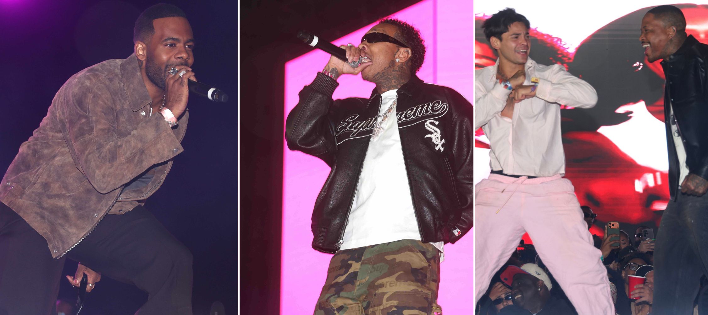 A collage of 3 images: (L-R) Mario, Tyga, Ryan Garcia and YG perform at the 15th anniversary of Neon Carnival. 