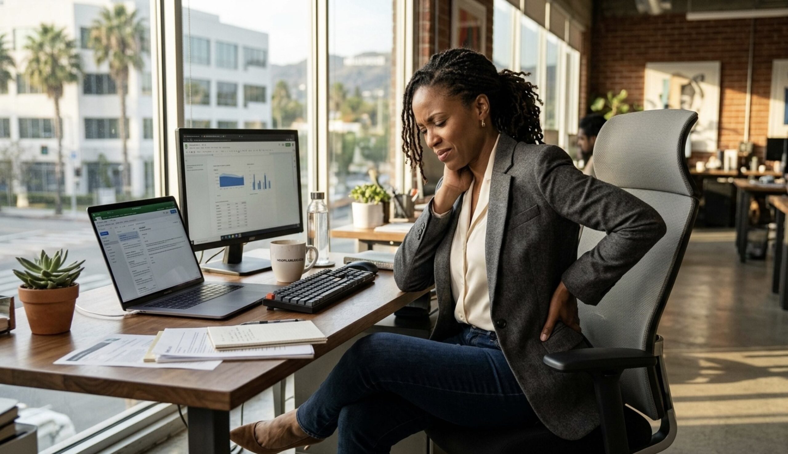 An image of an attractive black woman with back pain.