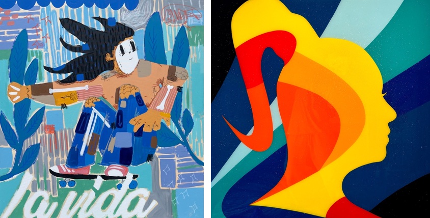 A collage of two images of artwork by Ramiro Davaro-Comas's Wooden Toys and Harald Austad's POWER PORTRAITS.