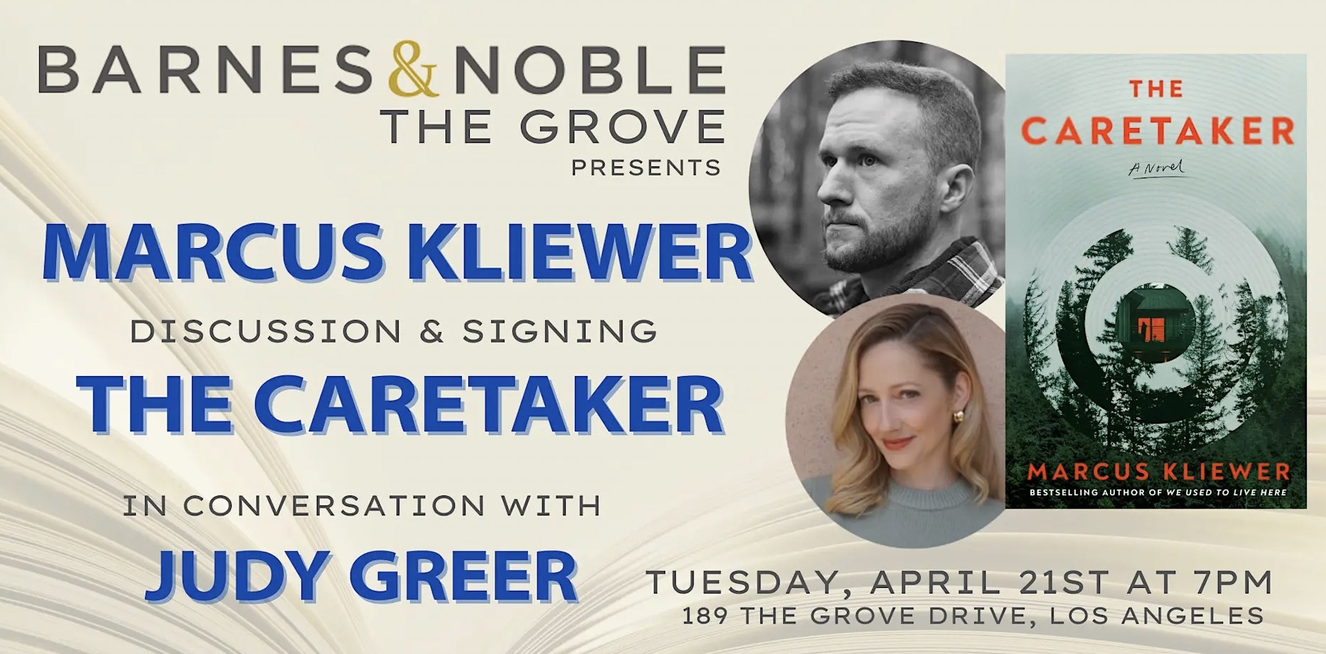 An image of the flyer for Marcus Kliewer and Judy GreerBook Discussion and Signing at B&N The Grove