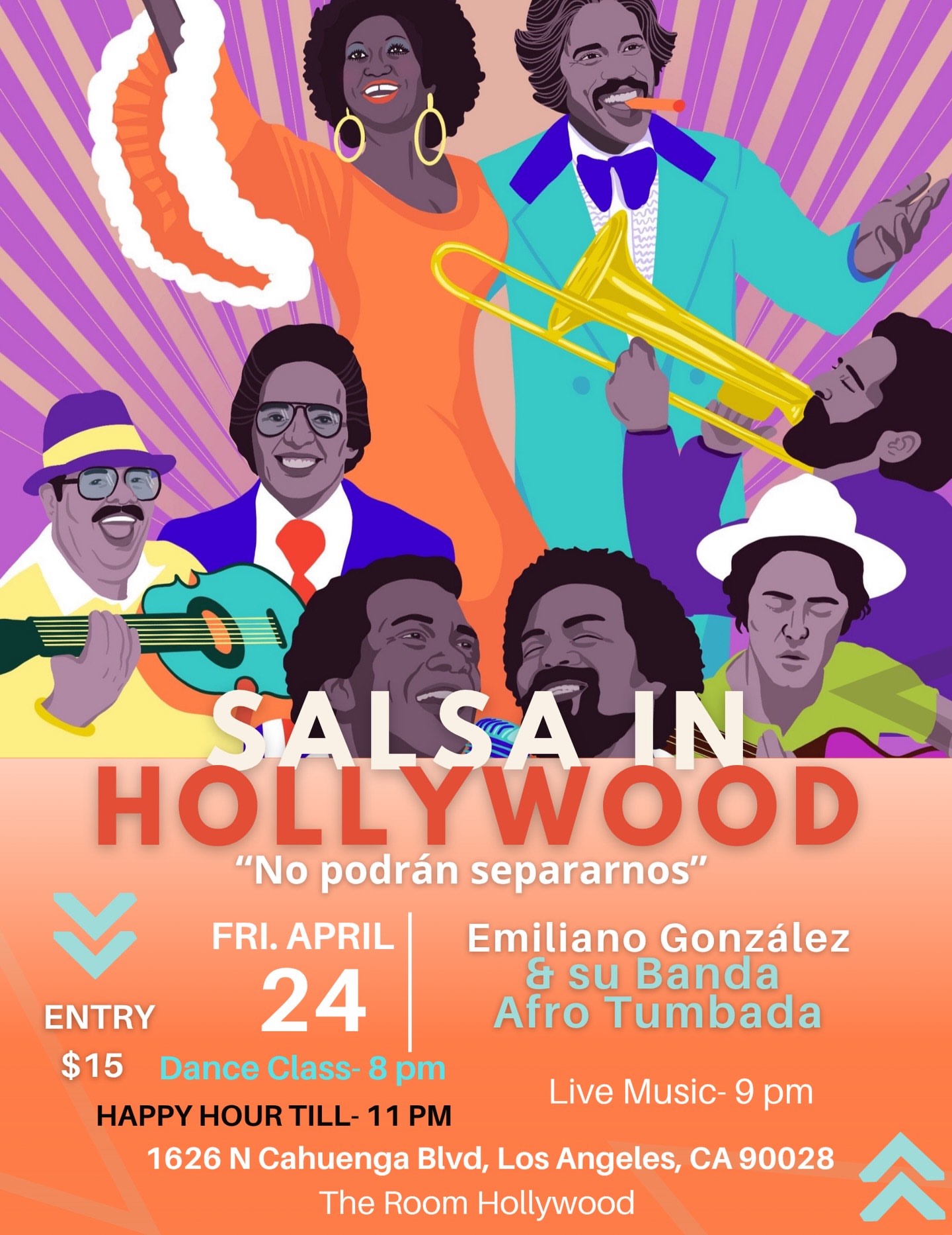 An image of the flyer for Salsa Dancing in Hollywood at the Room.