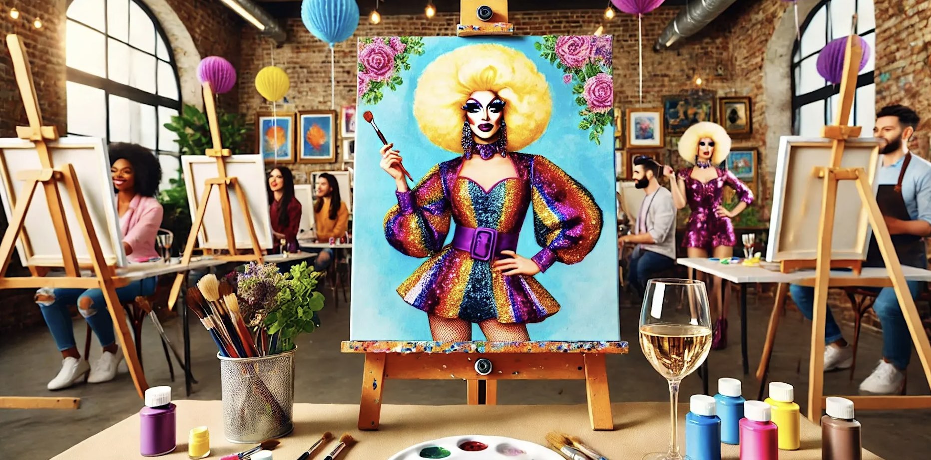 An image of people sitting in a Drag Queen Sip and Paint Experience.