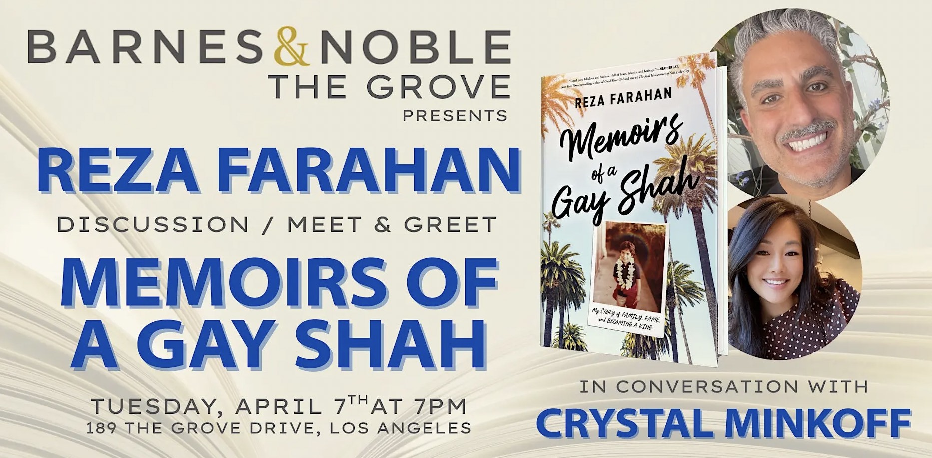 An image of the flyer for RHOBH Crystal Minkoff Hosts Book Discussion and Meet and Greet with Reza from Shahs of Sunset.