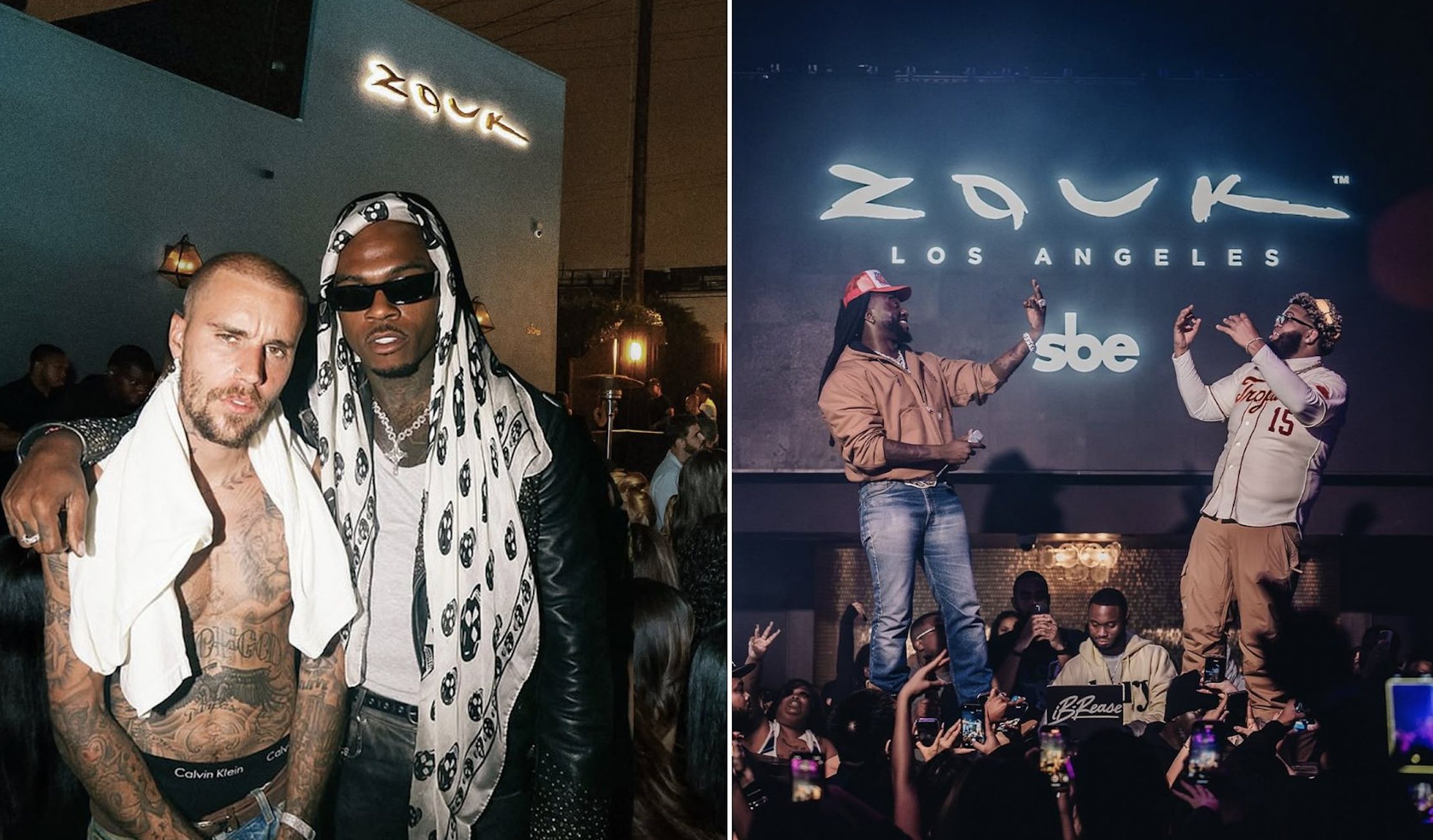Two images of (L-R) Justin Bieber and Gunna and Shaboozey and Druski at Zouk LA.