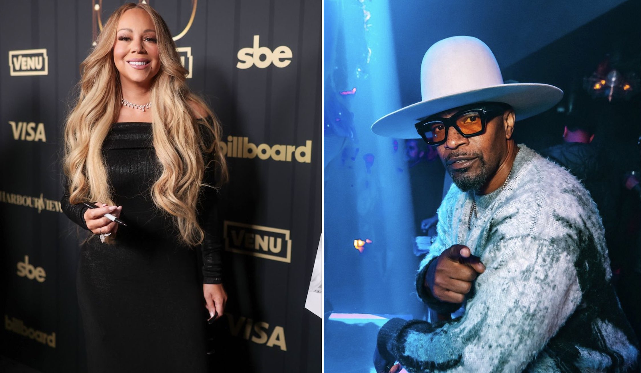 Two images of (L-R) Mariah Carey and Jamie Foxx at Zouk LA.