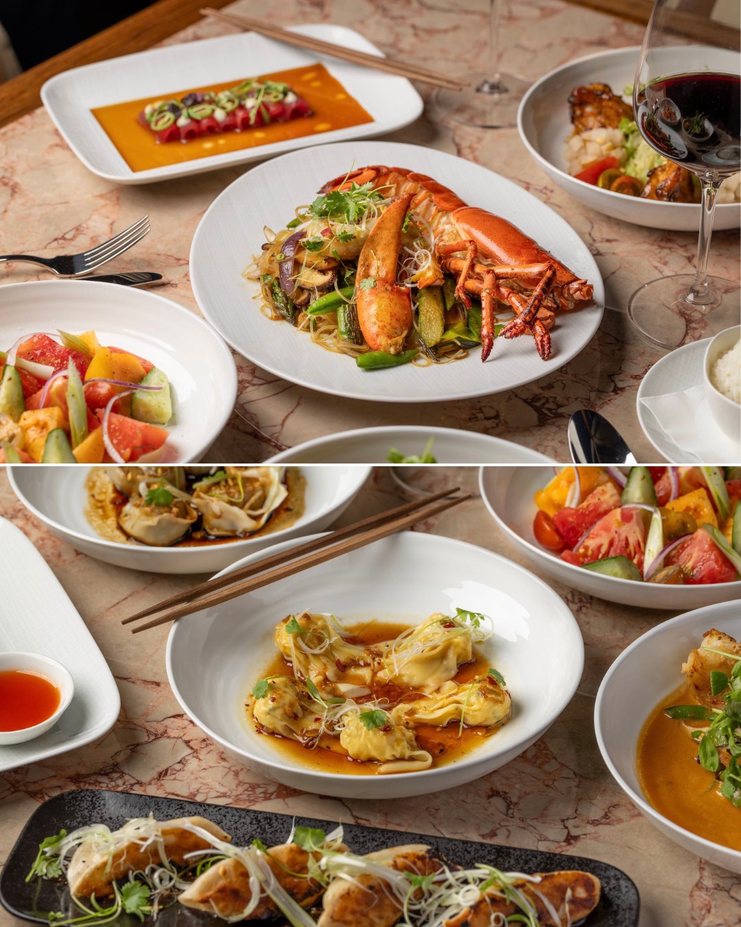 A collage of two images of the spread for new rooftop restaurant, Gemma.