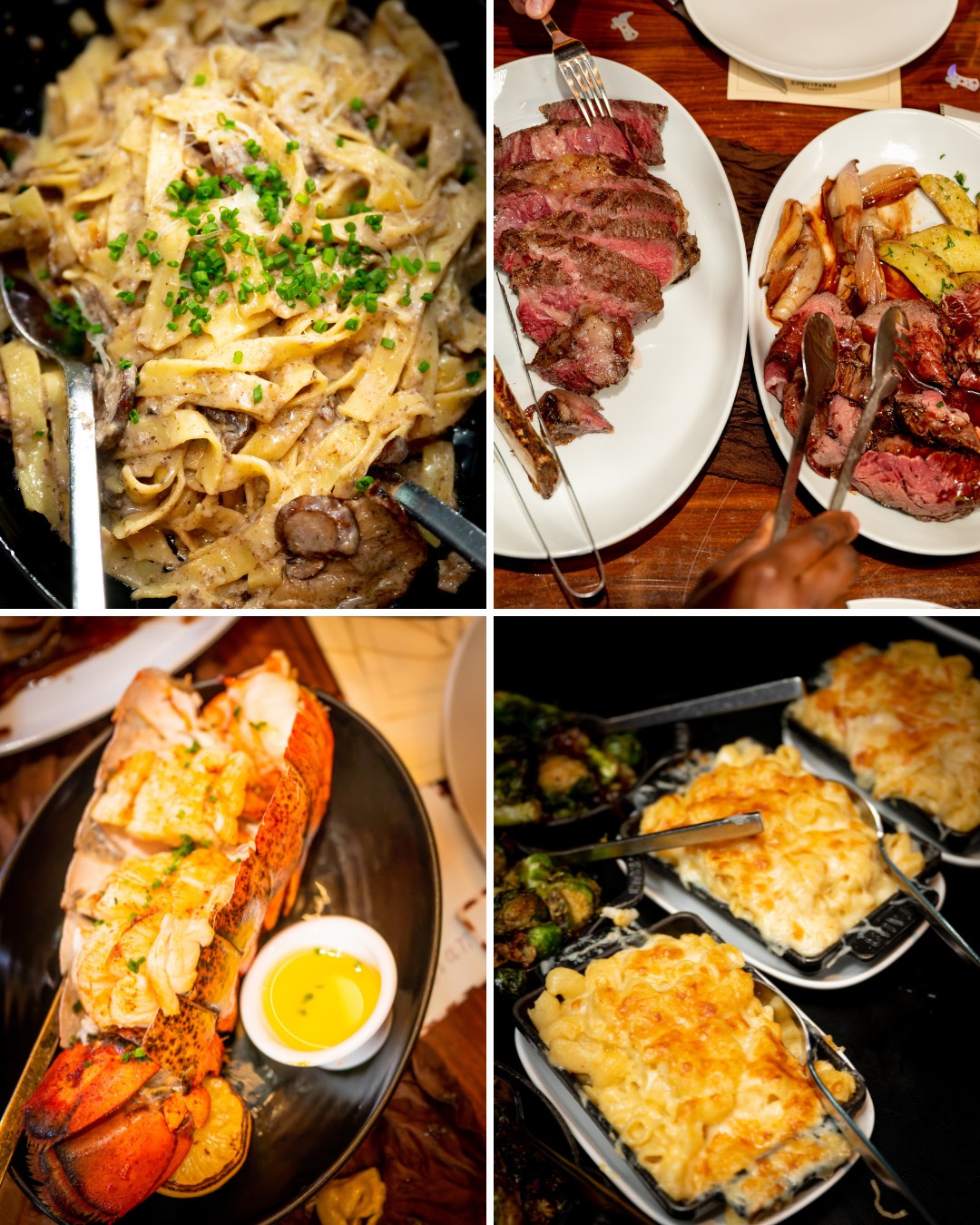 A collage of 4 images: Mushroom and Truffle Pasta, Tomahawk Steak and Roasted Prime Rib, Colossal Lobster, and Mac and Cheese