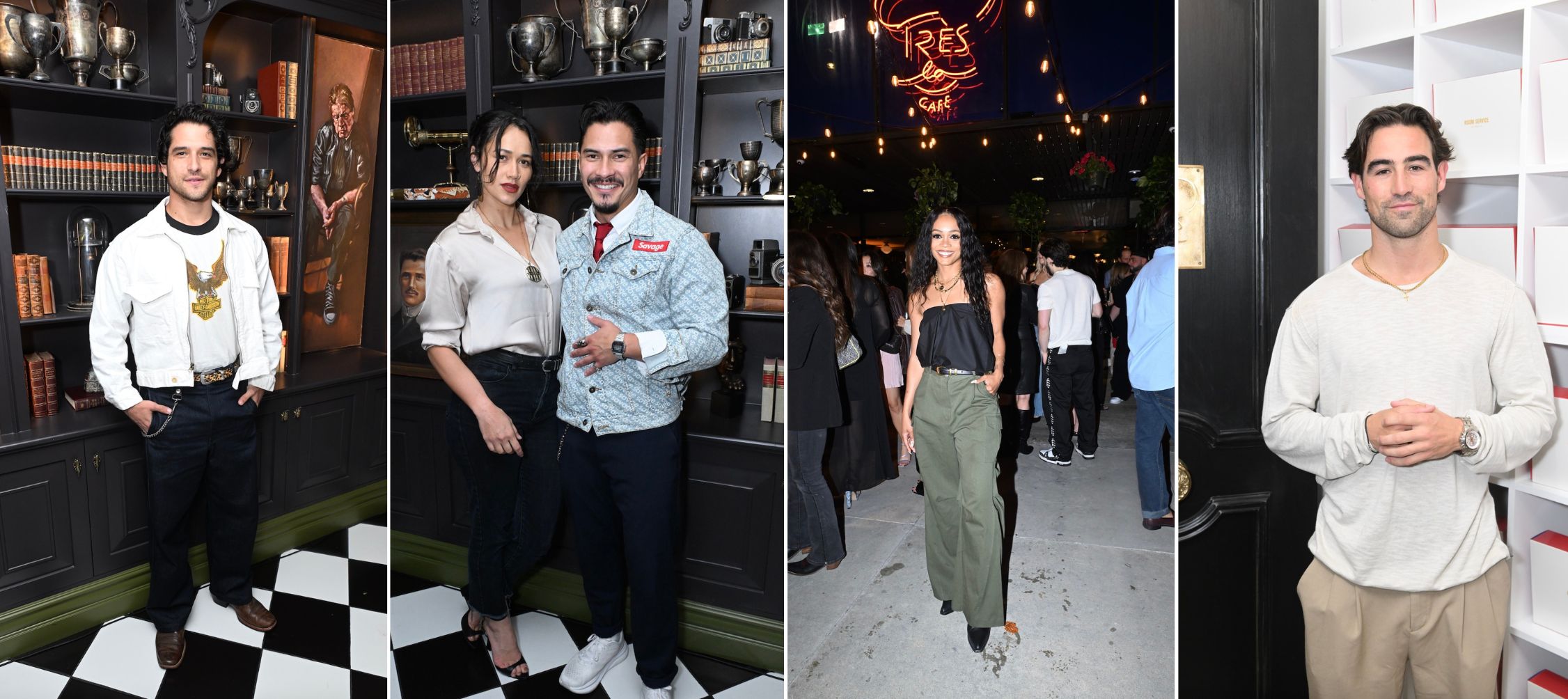 A collage of images of (L-R) Tyler Posey, Te Ao Hinepehinga and Brandon Finn, Rachel Lindsay, and Chris Hahn attend the Très LA Bistro & Café grand debut on Friday, May 08, 2026 in Los Angeles, California. 