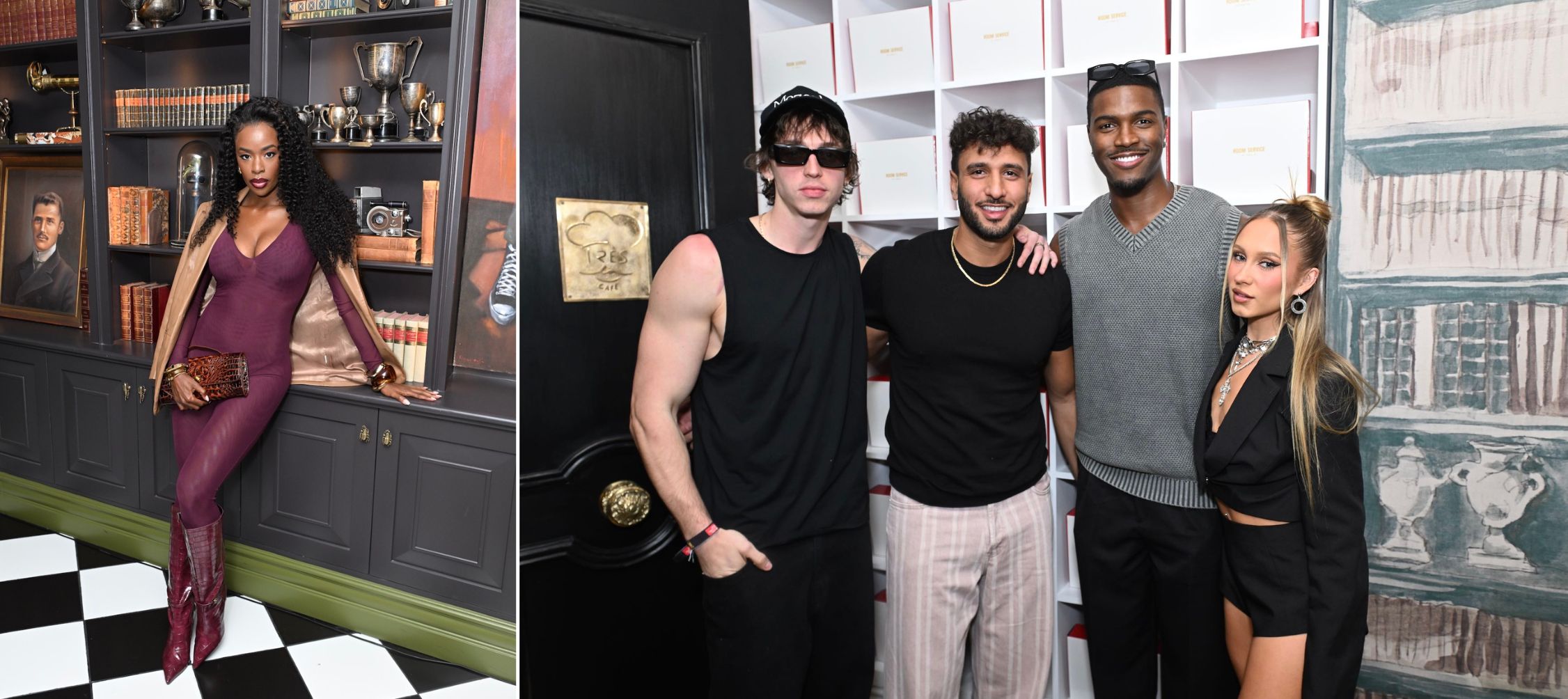 A collage of two images of L-R) Justine Joy Ndiba, Jimmy Sotos, Chris Dahlan, Demari Davis, and Alison Ogden attend the Très LA Bistro & Café grand debut on Friday, May 08, 2026 in Los Angeles, California. 