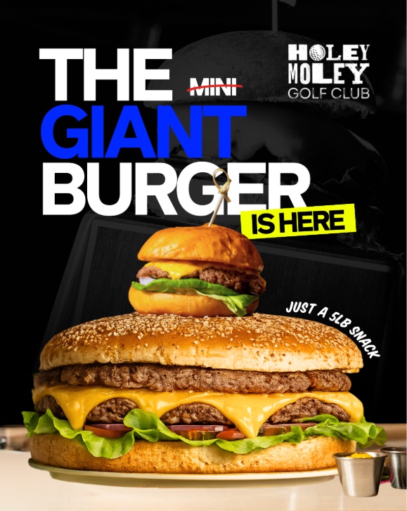 An image of the flyer for Holey Moley Golf Club, “The Giant Burger.”
