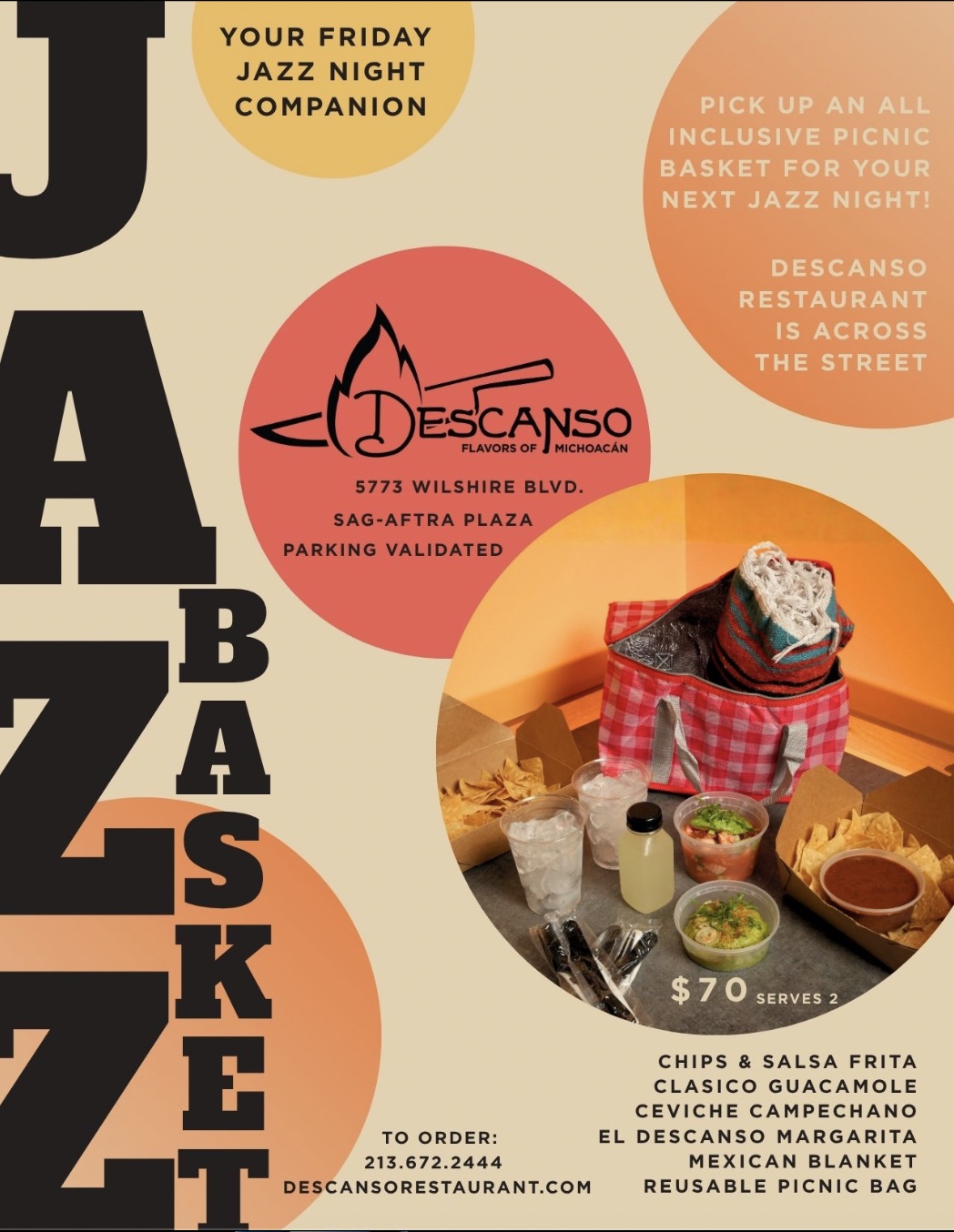 An image of the flyer for LACMA Jazz Nights with a Picnic Basket from Descanso