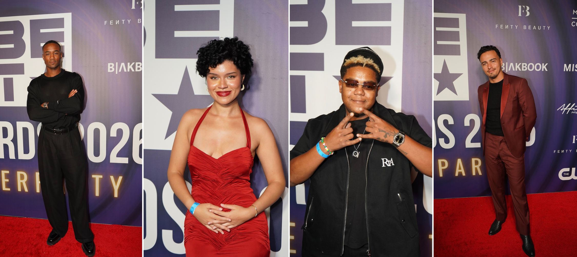 A collage of 4 images: (L-R) Jessie T. Usher, Aiyana-Lee, Kyle Massey, and Tonatiuh arrive at the BET Awards Afterparty at the Hollywood Roosevelt Hotel presented by Affinity Nightlife with partners Monbeau Afrique, The CW, Fenty Beauty, Blvkbook and Maturi Consulting.