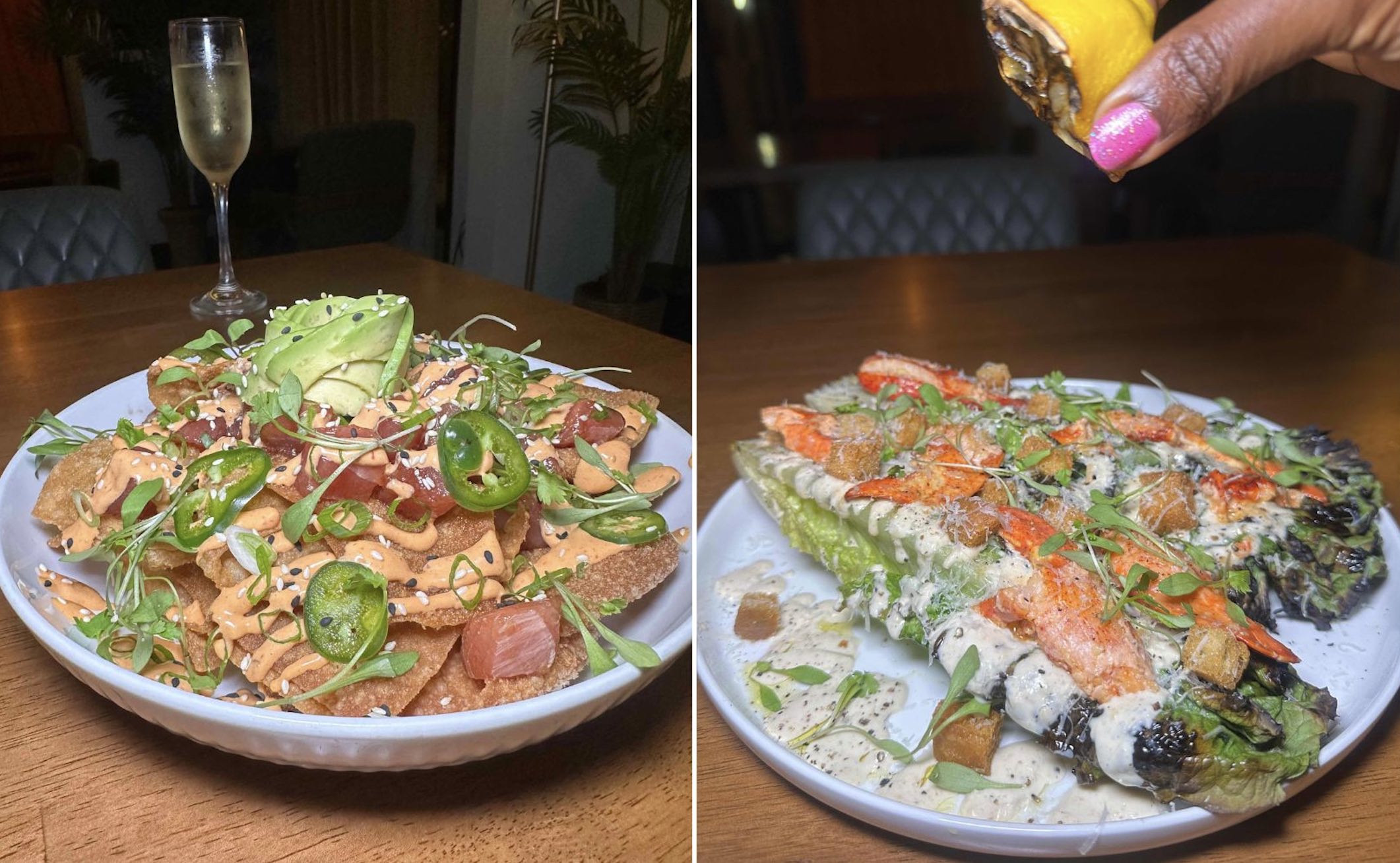 A collage of two images of The Poke Nachos and Lobster Caesar Salad from Cliffdiver at FOUND Hotel.