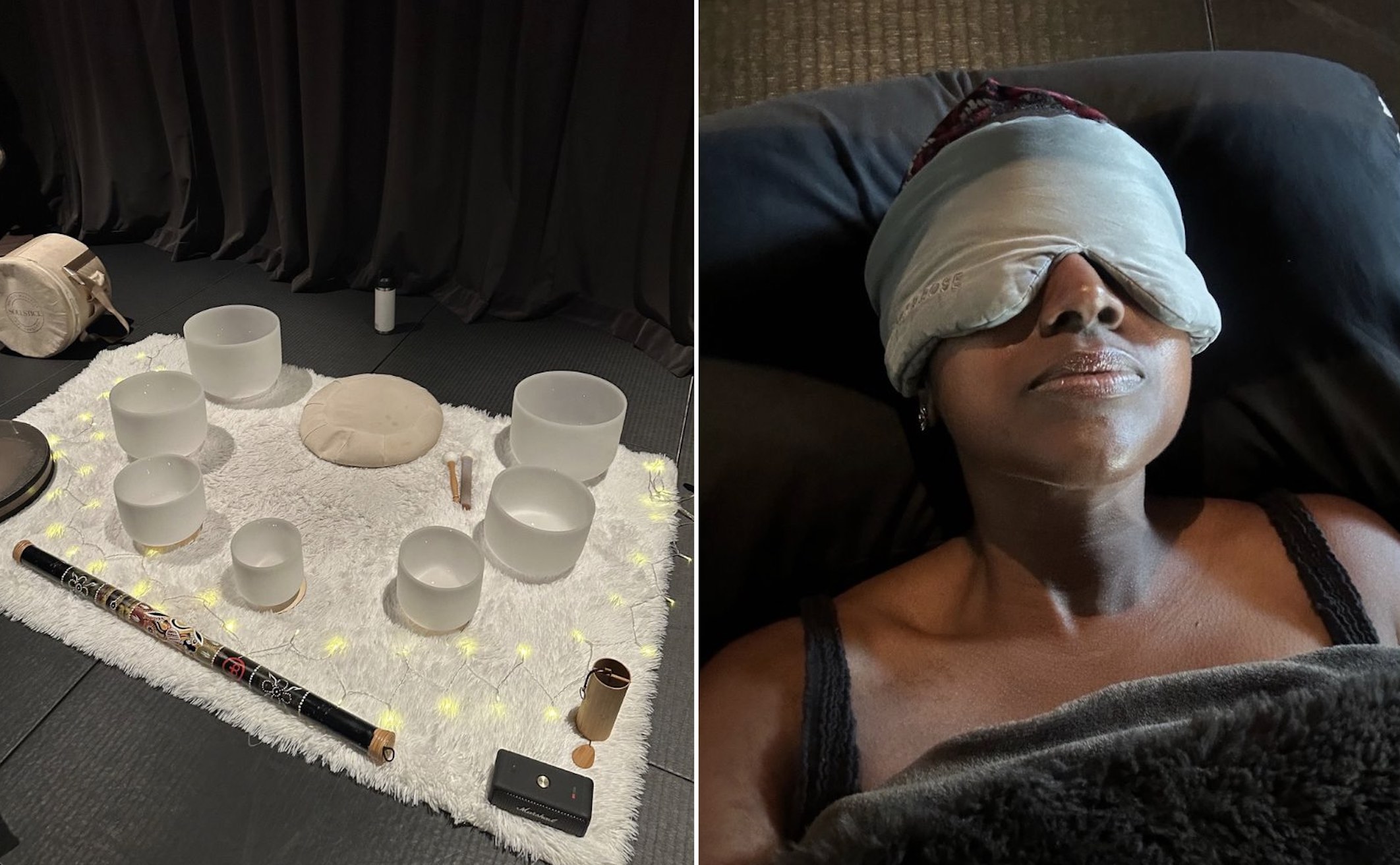A collage of two images of a sound bath and lifestyle blogger Ariel Johns during a sound bath.