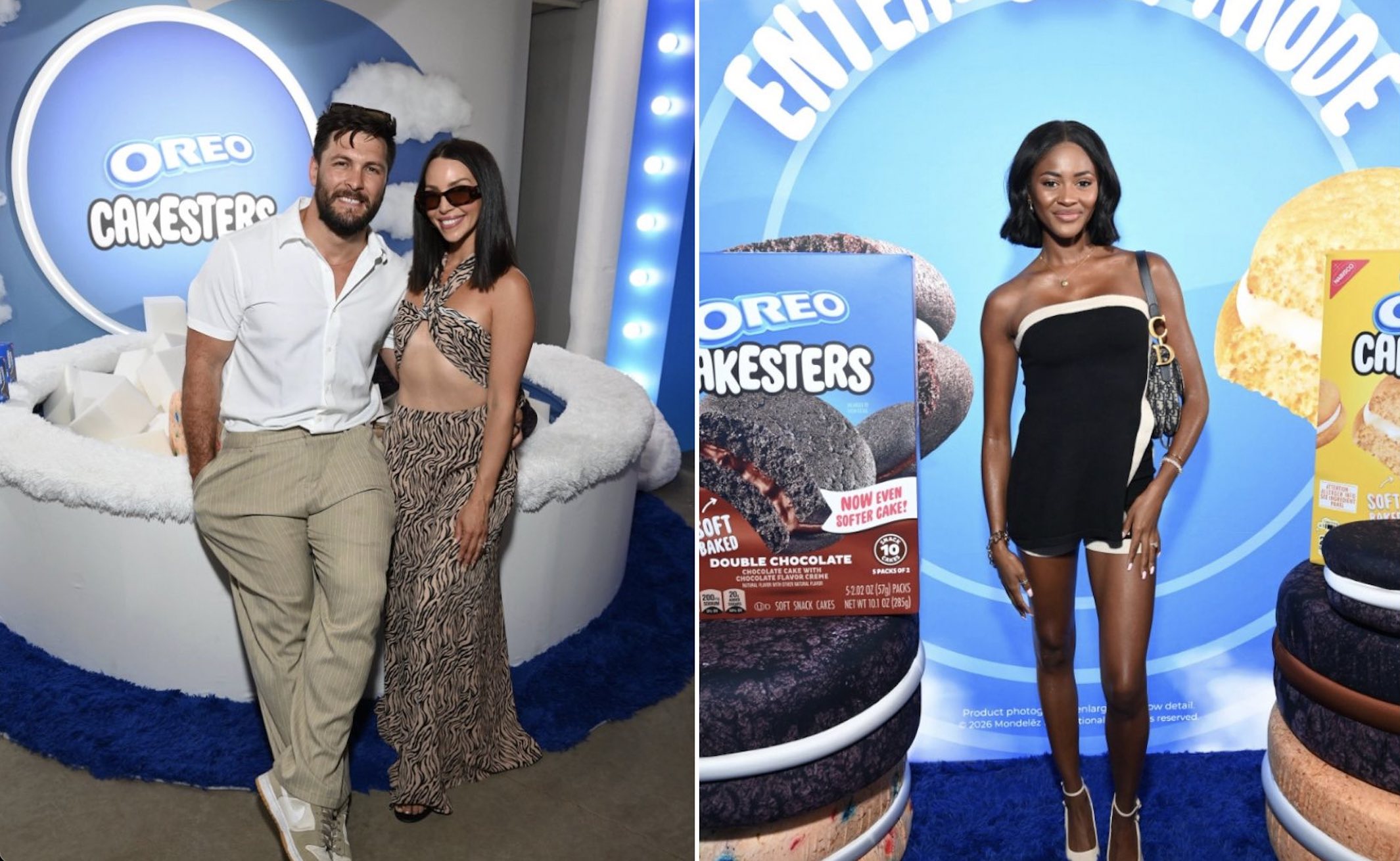 A collage of two images of (L-R) Scheana Shay, Brock Davies of Bravo’s Vanderpump Rules’ and The Valley and The Bachelorette's Charity Lawson attend the OREO CAKESTERS “Soft Life” Pop-Up VIP Launch in New York City.