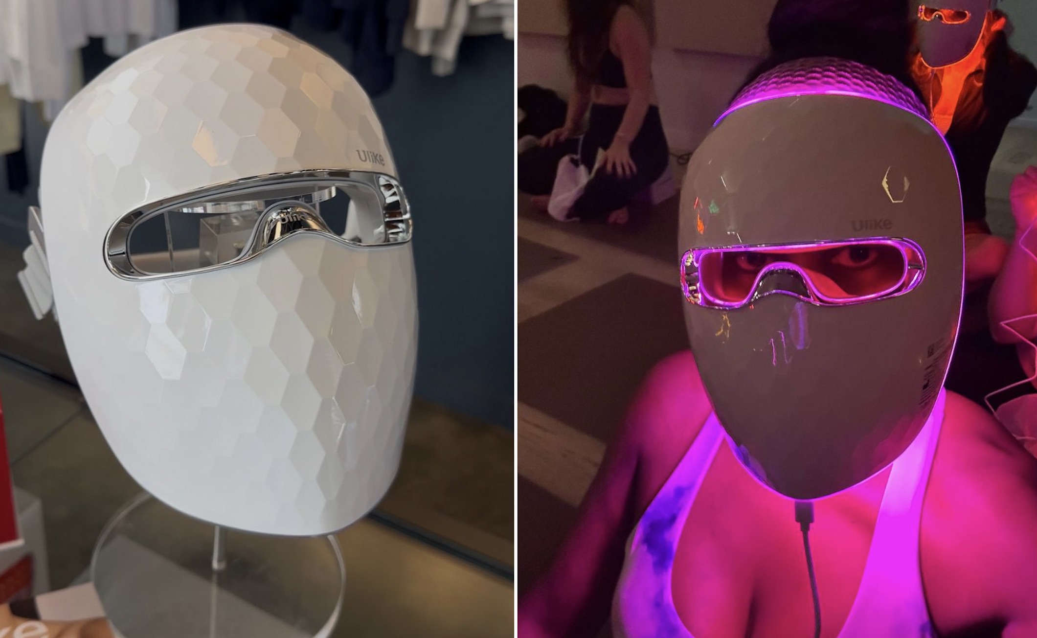 A collage of two images: Ulike's Red light Therapy Mask on display and one on lifestyle blogger, Ariel Johns.