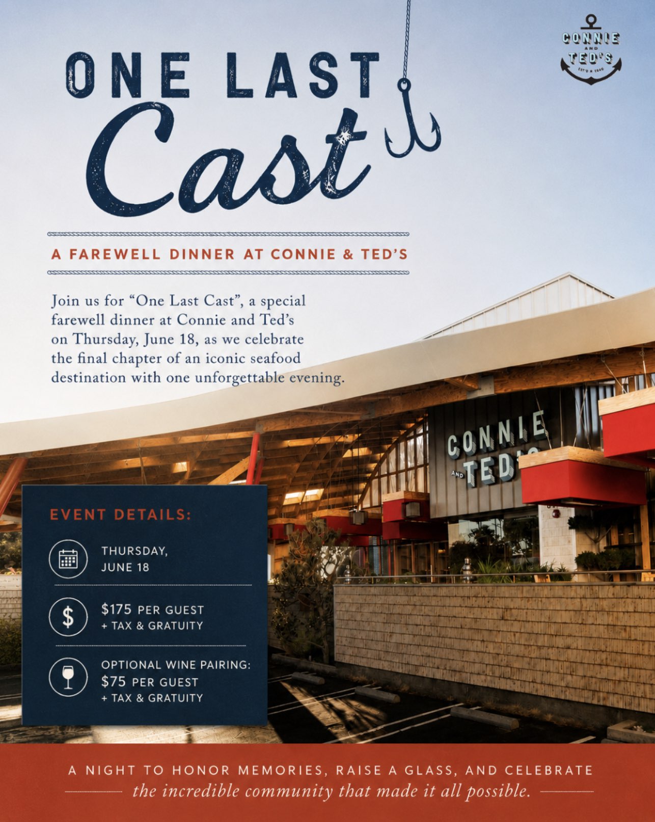 An image of the flyer for L.A.’s Iconic Seafood Destination Connie & Ted's Celebrates Its Final Chapter with 'One Last Cast' Farewell Dinner