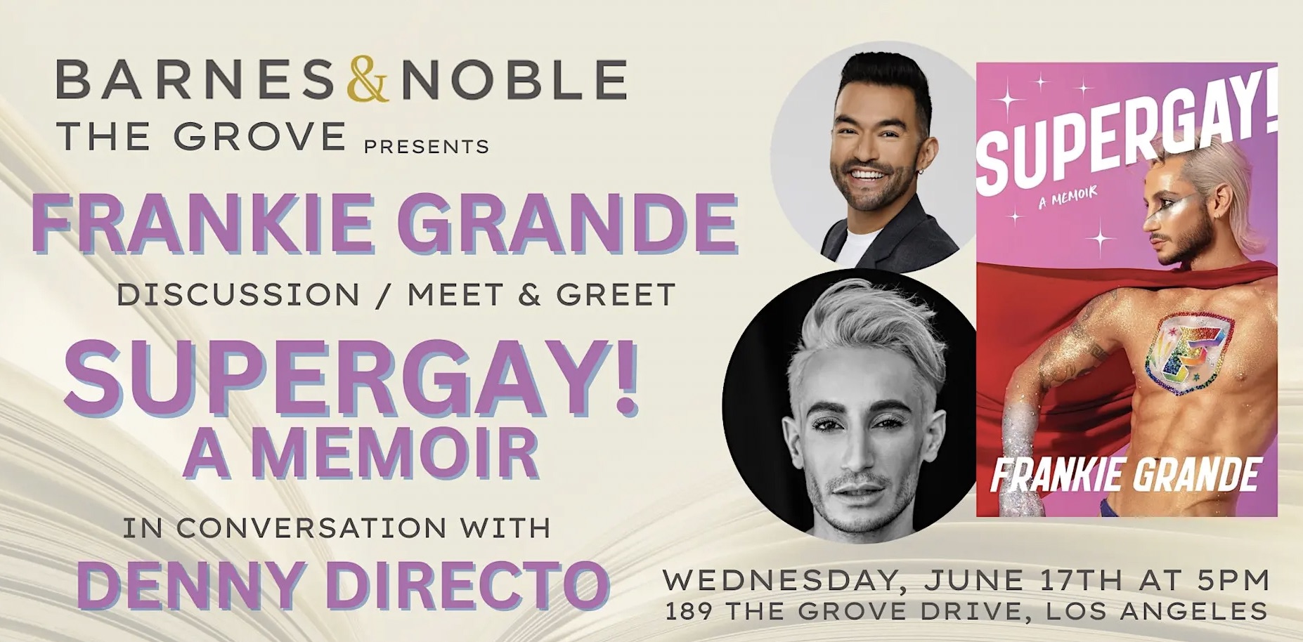 An image of the flyer for Frankie Grande Book Discussion and Meet & Greet at B&N The Grove