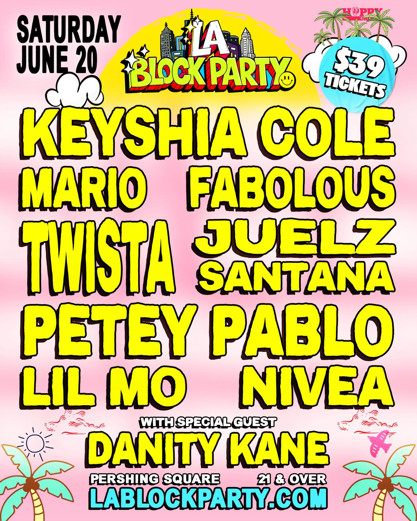 An image of the flyer for the LA BLOCK PARTY: Keyshia Cole, Mario, Fabolous, Danity Kane, Twista & More