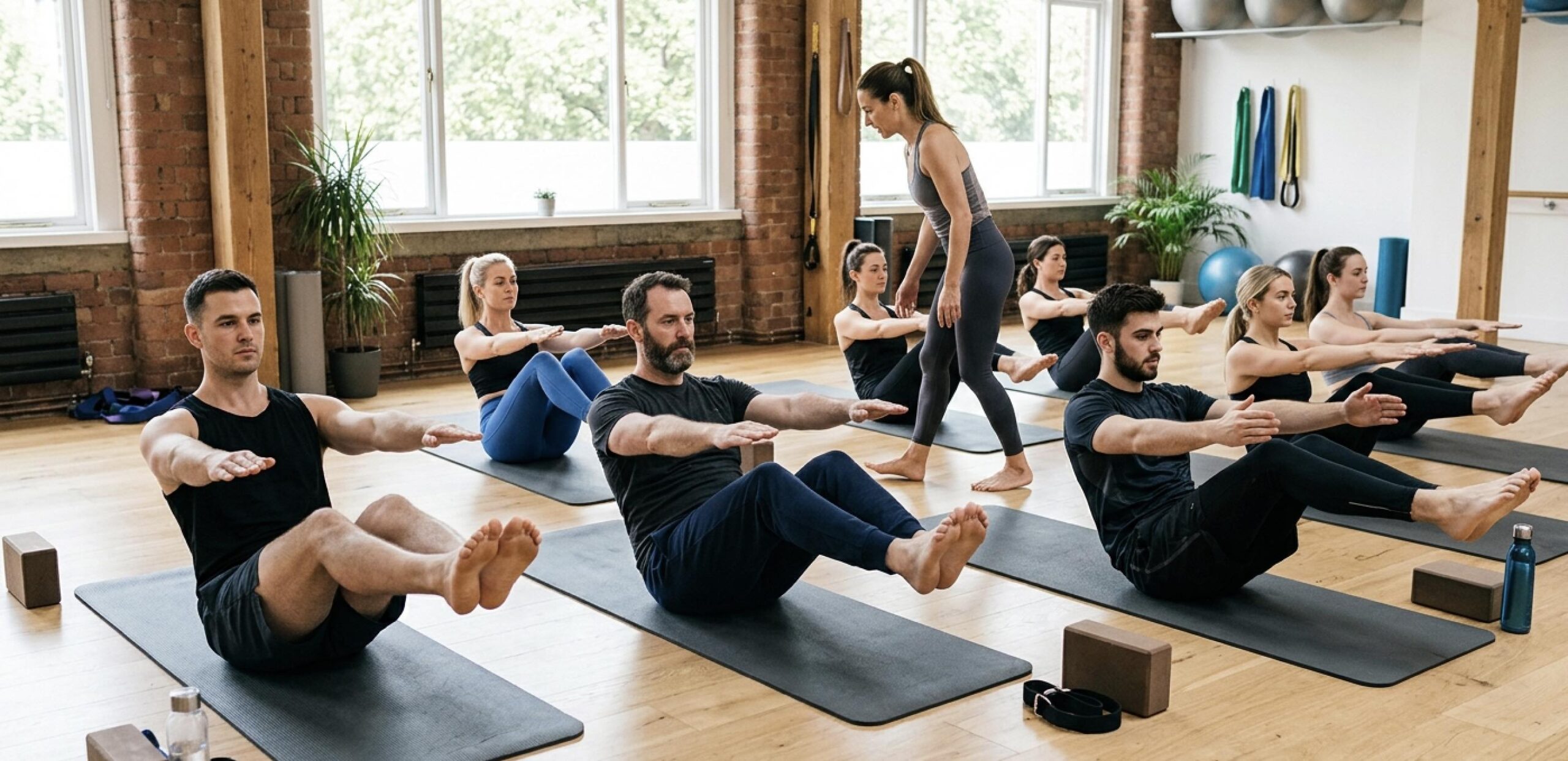 An image of a mat Pilates class featuring men.