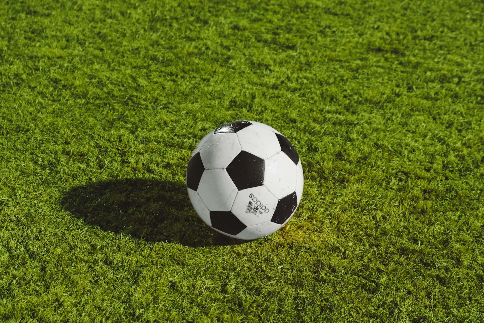 An image of a soccer ball on turf.