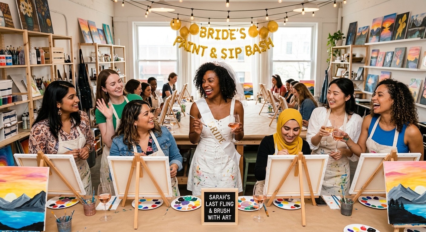 An image of a bachelorette paint and sip party,