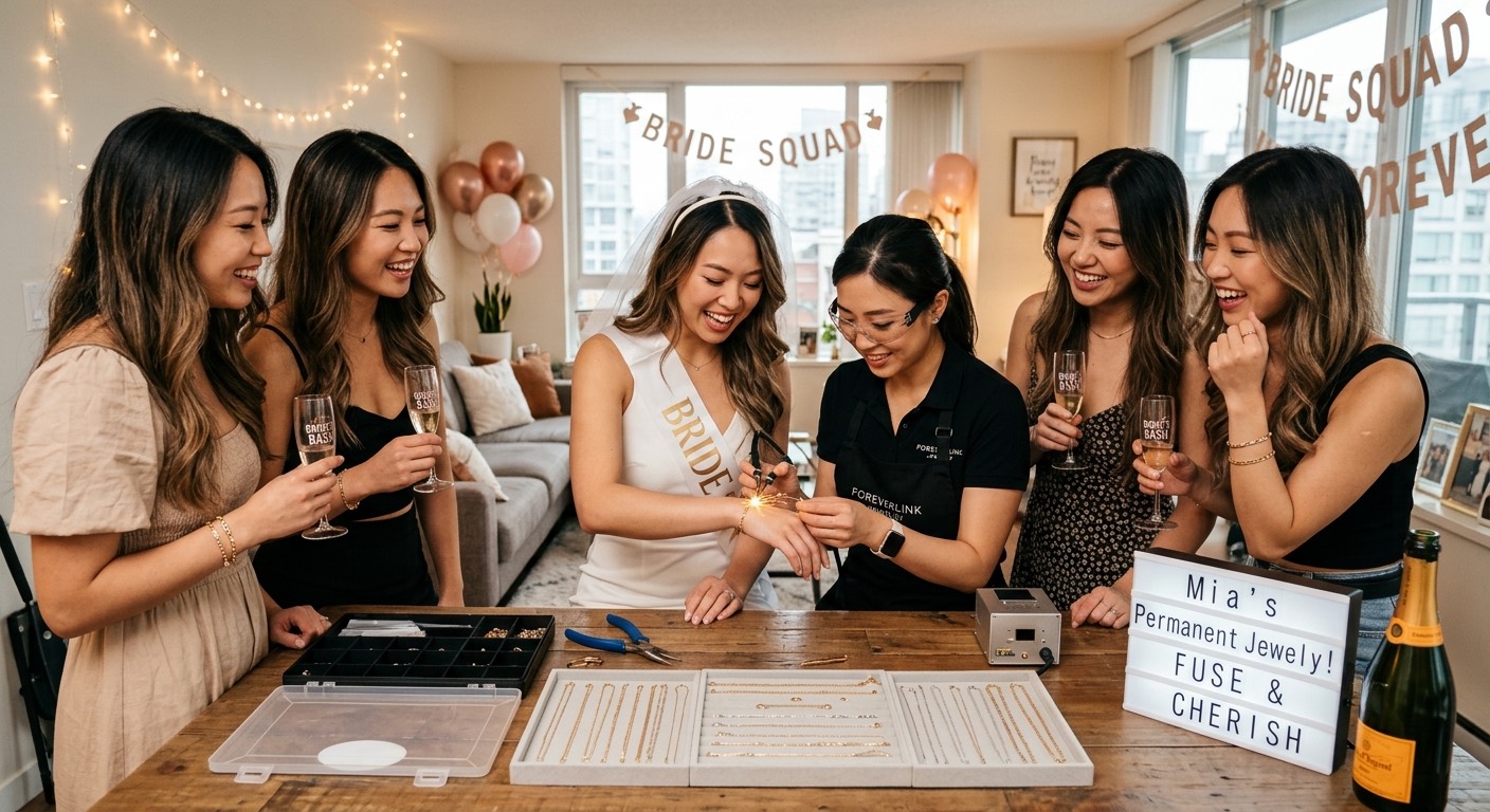 An image of a bachelorette party with the girls getting permanent jewelry.