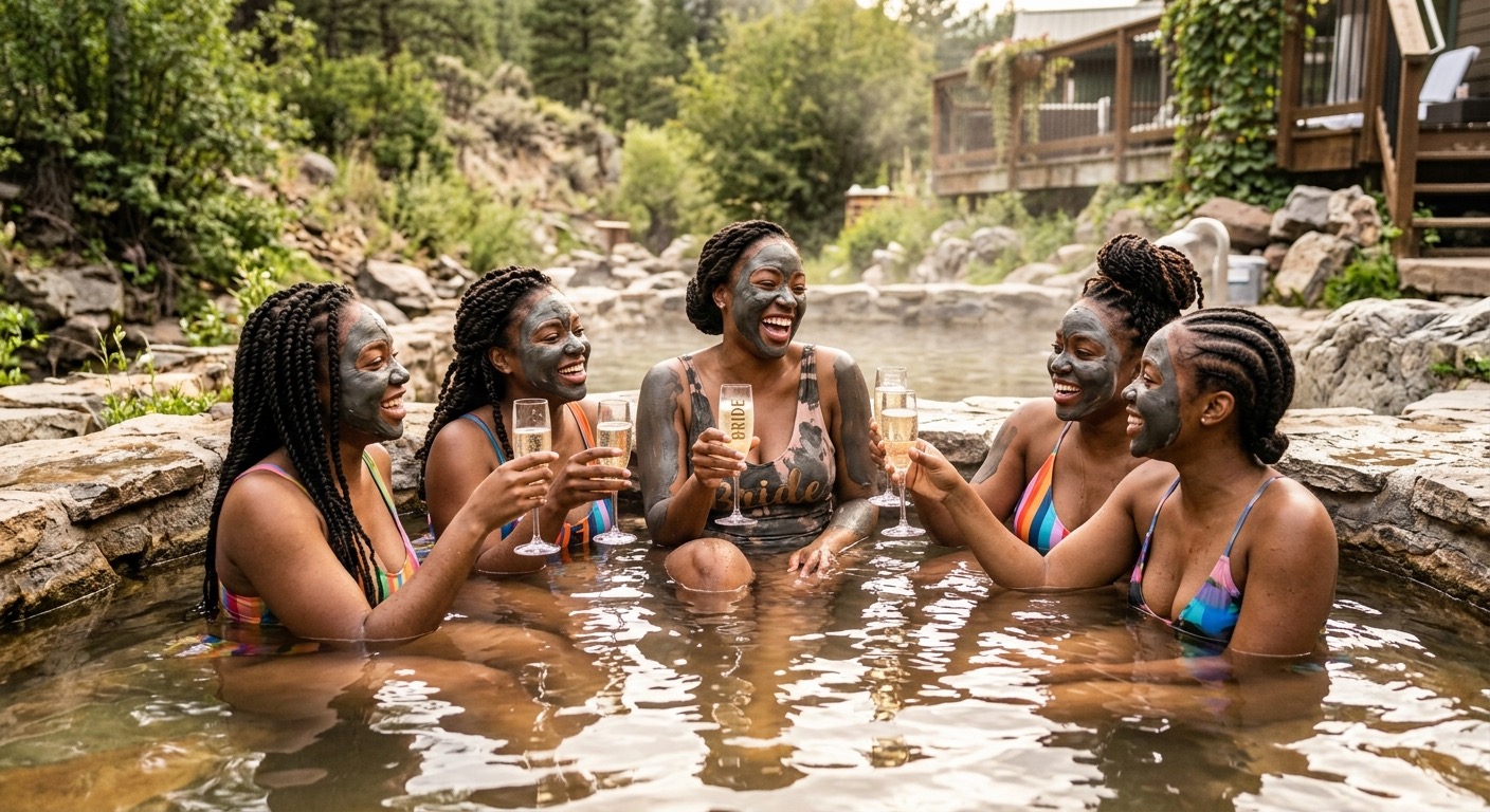 An image of a group of women in a hot tub wearing mud masks and holding champagne.