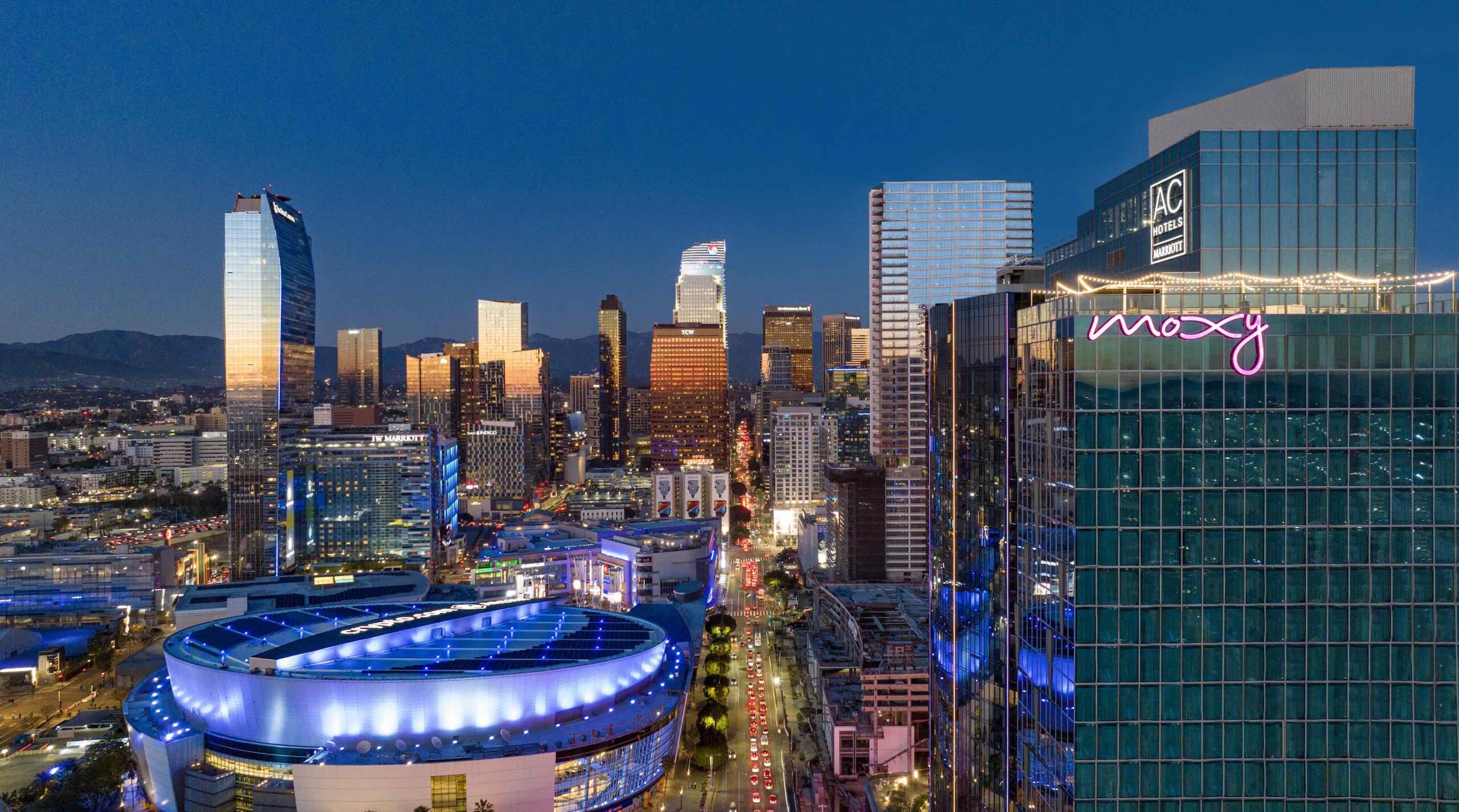 A drone image of the Moxy & AC Hotel Downtown Los Angeles