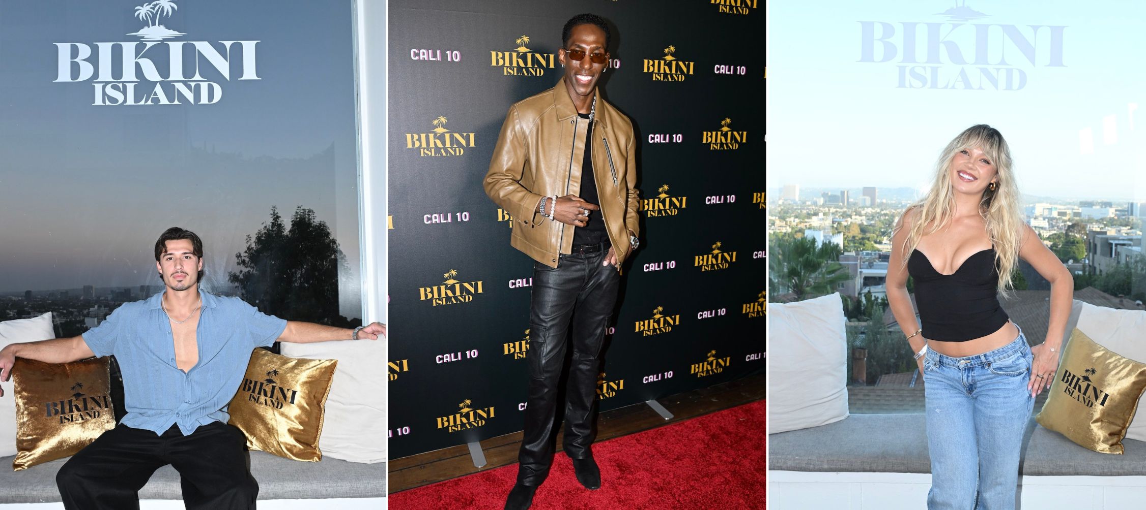 An image of (L-R) Carrington Rodriguez, Joshua Uduma, and Emma Furr attend 'Bikini Island' premiere event on July 23rd, 2026 in West Hollywood, California. 