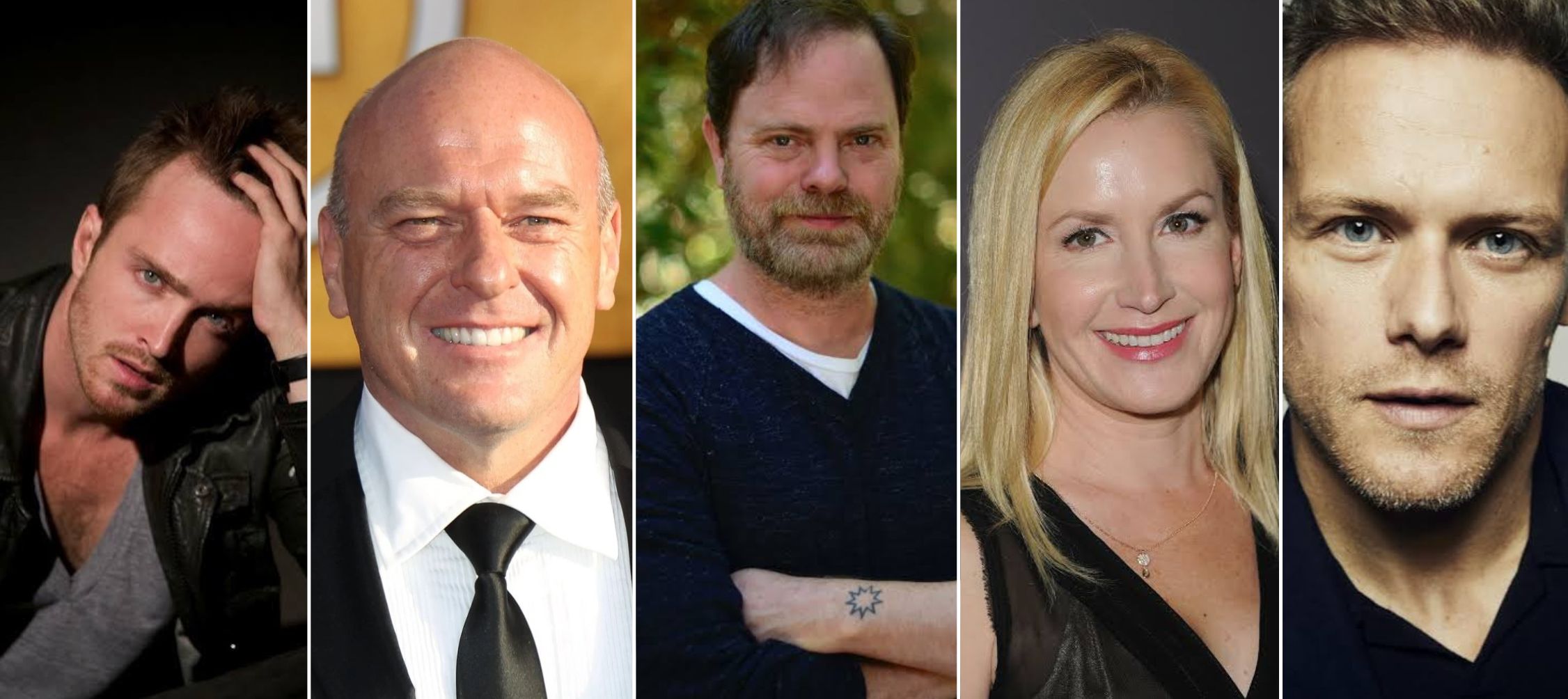 A collage of 5 images of: Aaron Paul, Dean Norris, Rainn Wilson, Angela Kinsey, and Sam Heughan are all confirmed for L.A. Comic Con 2026.