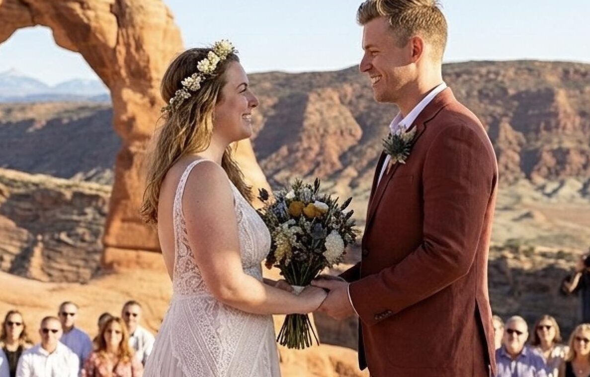 AN image of a couple getting married at a national park.