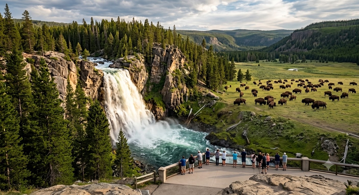 An image of a waterfall and bison at a National Park