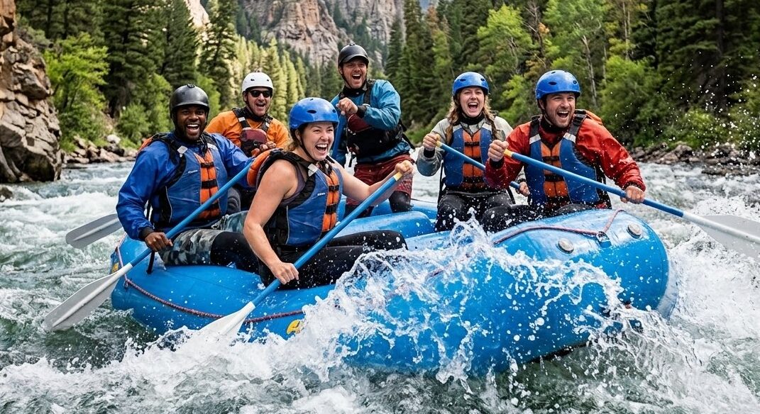 An image of people white water rafting.