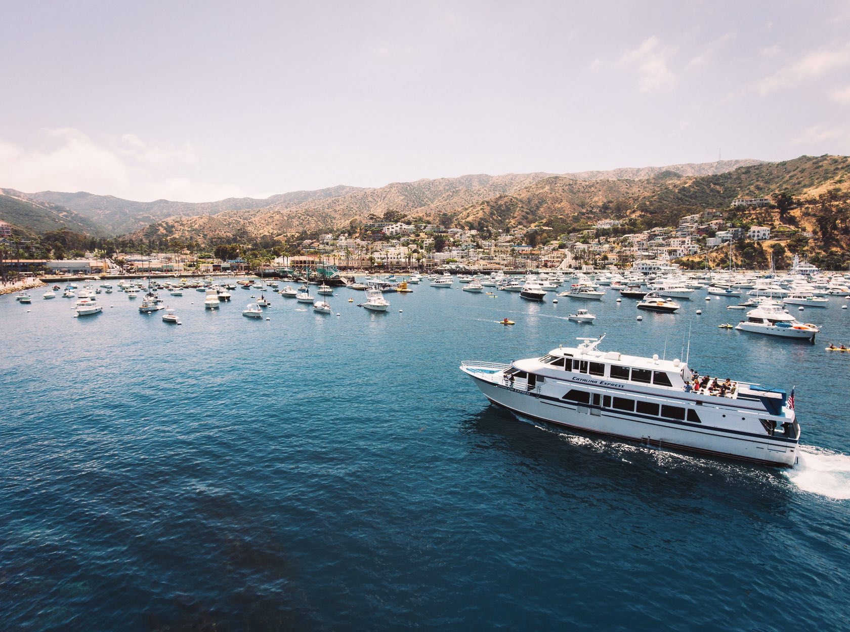 An image of the Catalina Express pulling into Catalina Island.