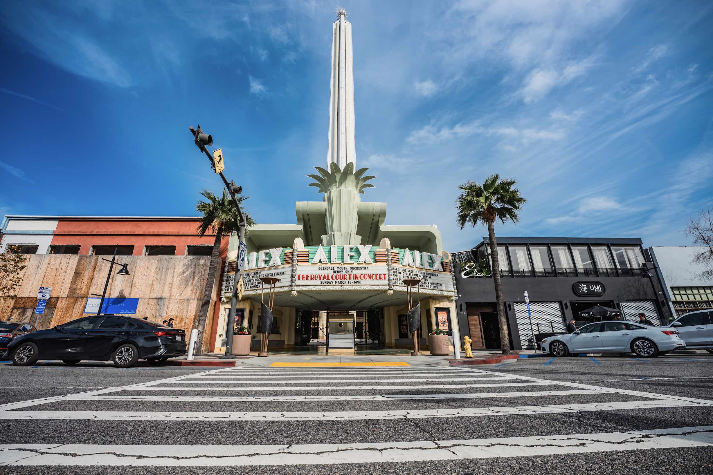 An image of the exterior of the Alex Theatre.