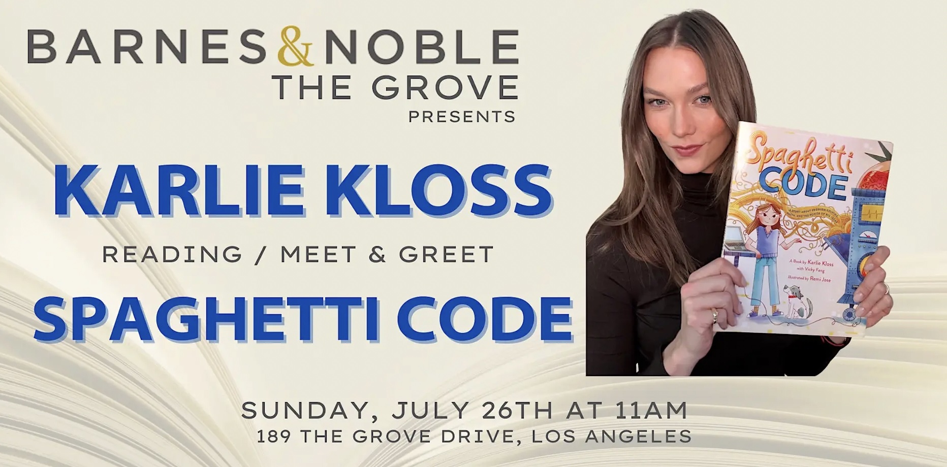 An image of the flyer for Model, Entrepreneur, and Philanthropistarlie Kloss Book Reading at B&N The Grove