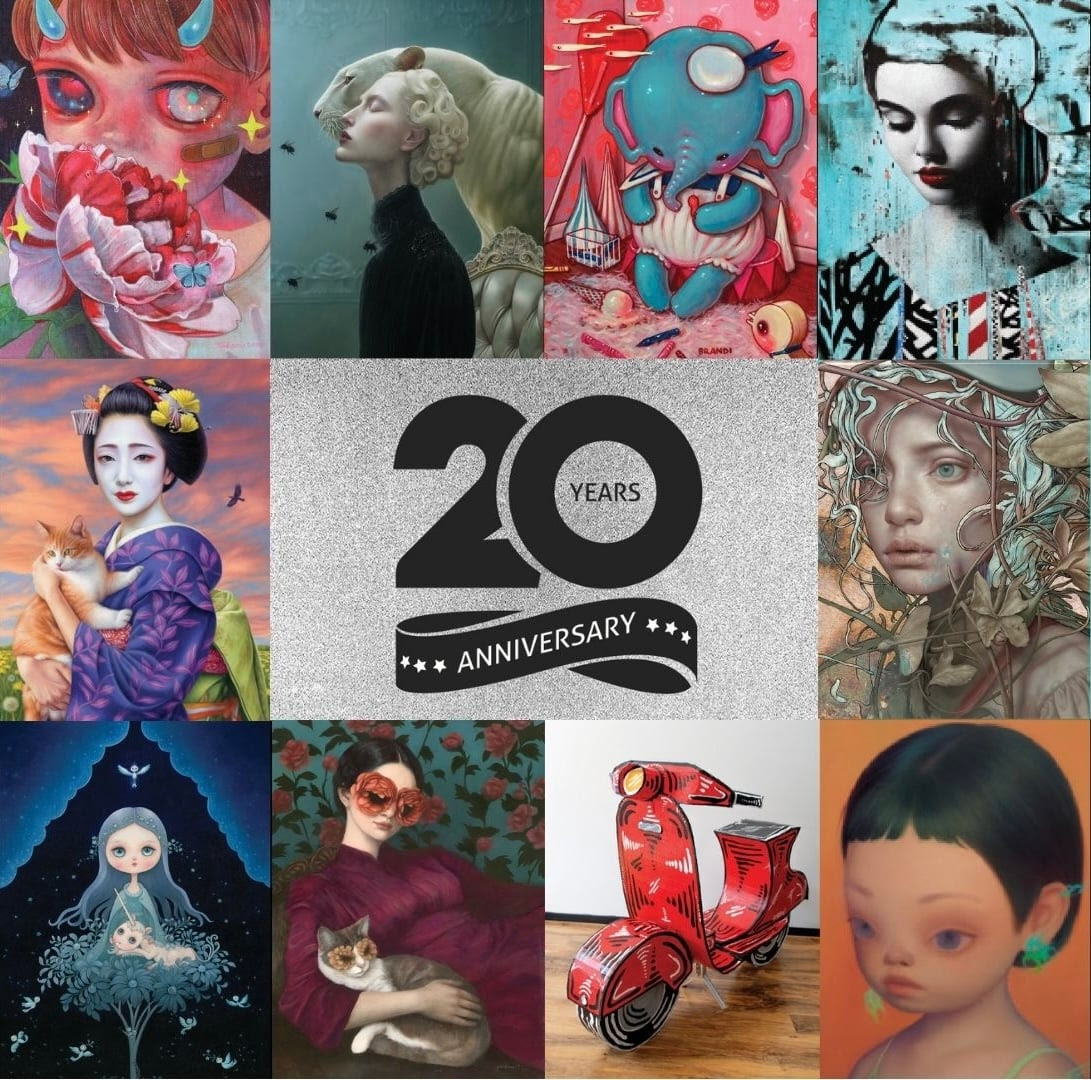 An image of the flyer for The Corey Helford Gallery is celebrating 20 Years with Landmark Anniversary Exhibition!
