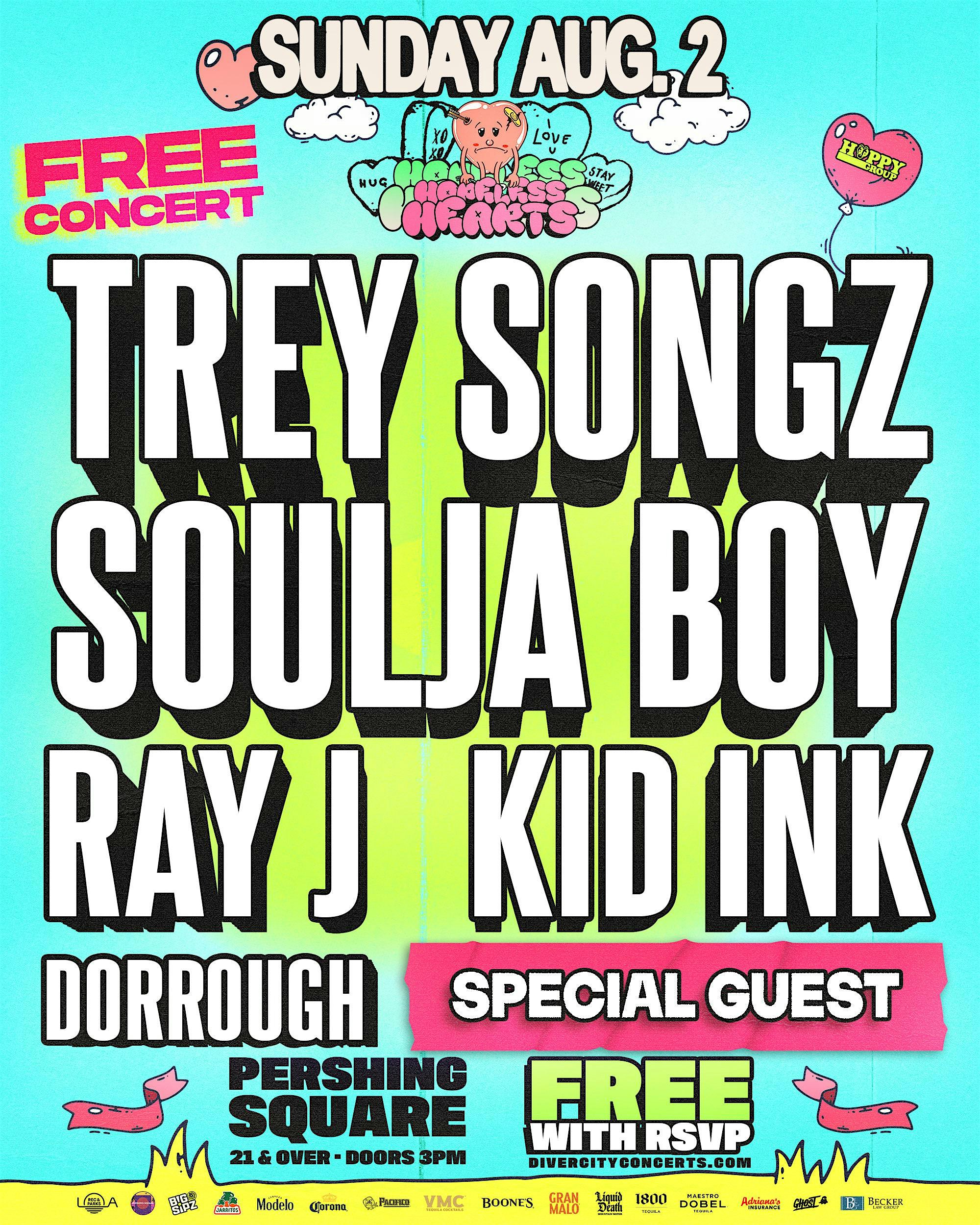 An image of the flyer for the Hopeless Hearts Part 2 featuring Trey Songz, Soulja Boy, Ray J, Kid Ink, Dorrough, and surprise guests. 