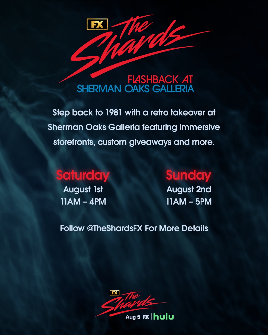 An image of the flyer for FX The Shards 1980s Transformation at Iconic Sherman Oaks Galleria for One-Weekend-Only Retro Takeover