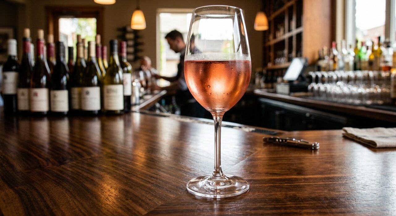 An image of a glass of rose wine on a bar.