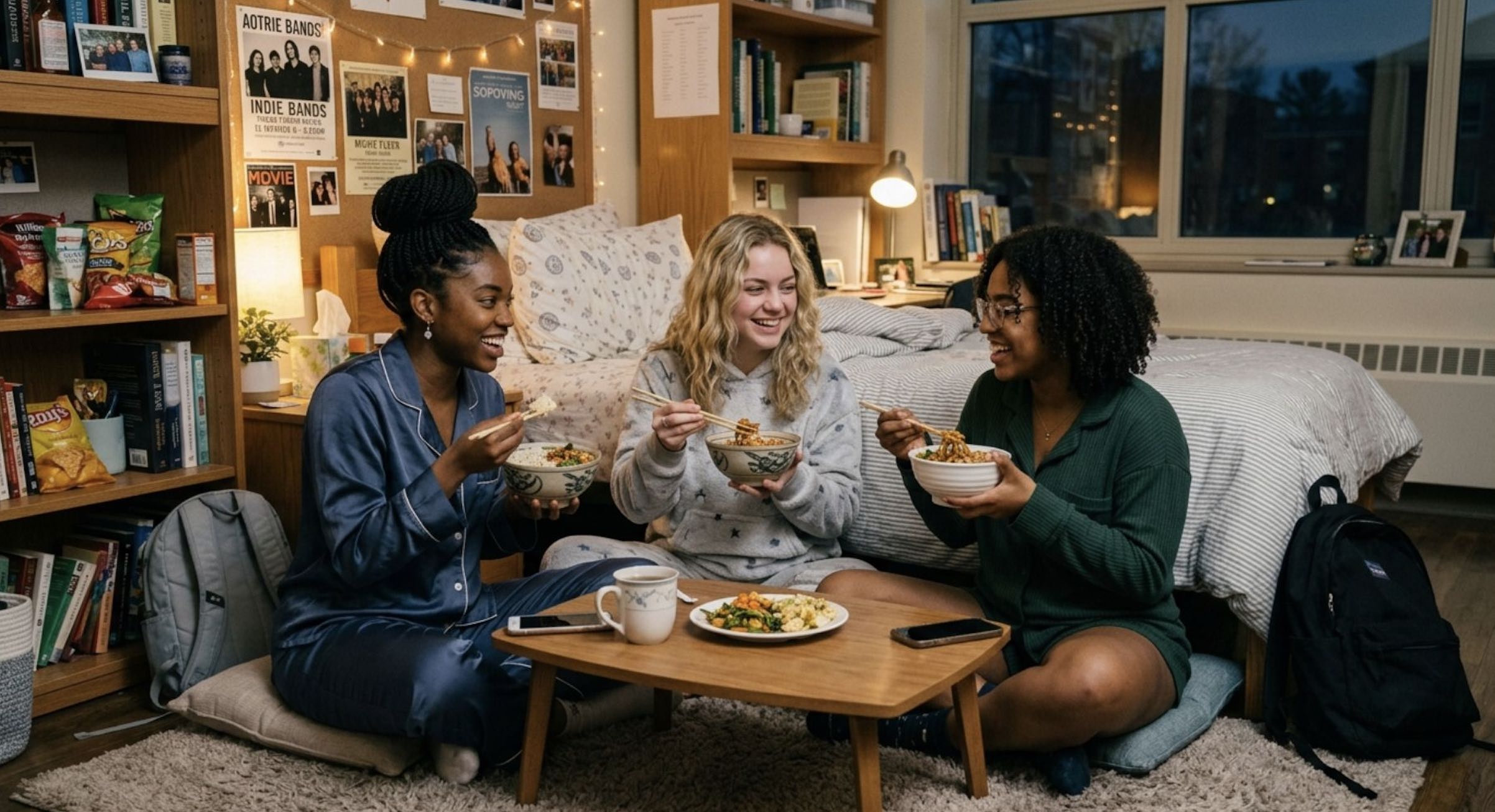 An image of three college girls eating in their dorm room