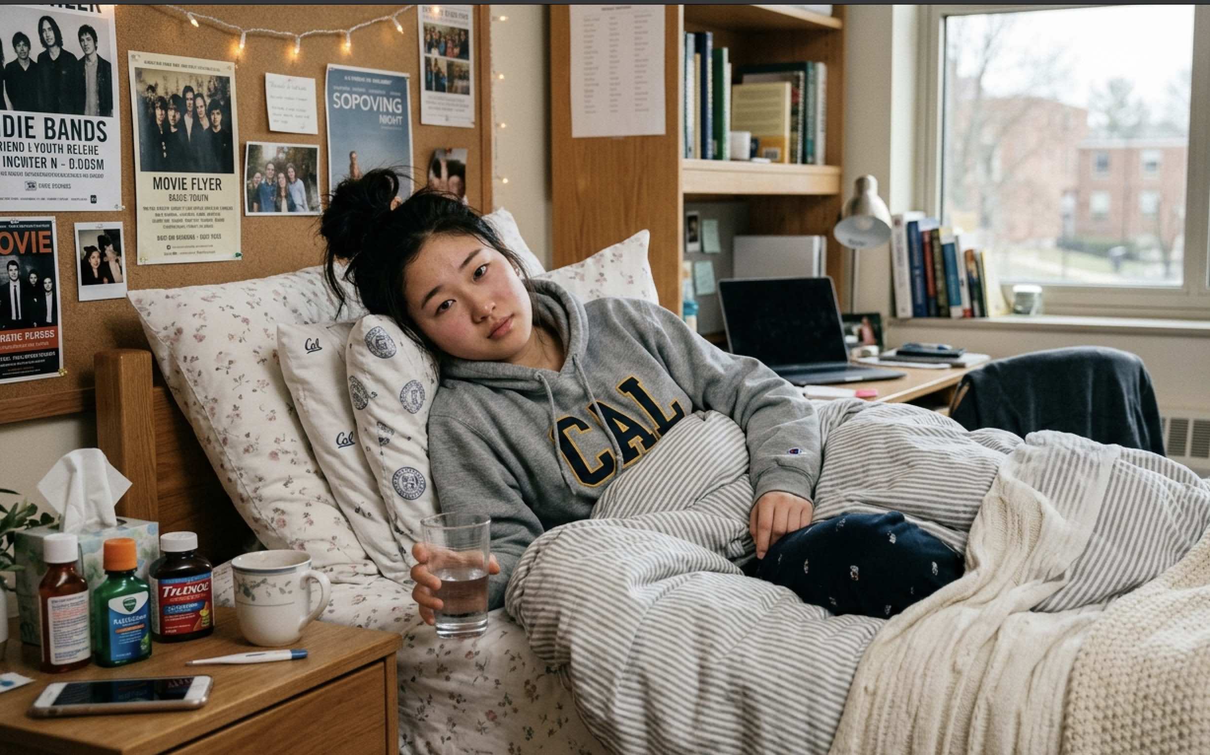 An image of a college girl home sick in bed