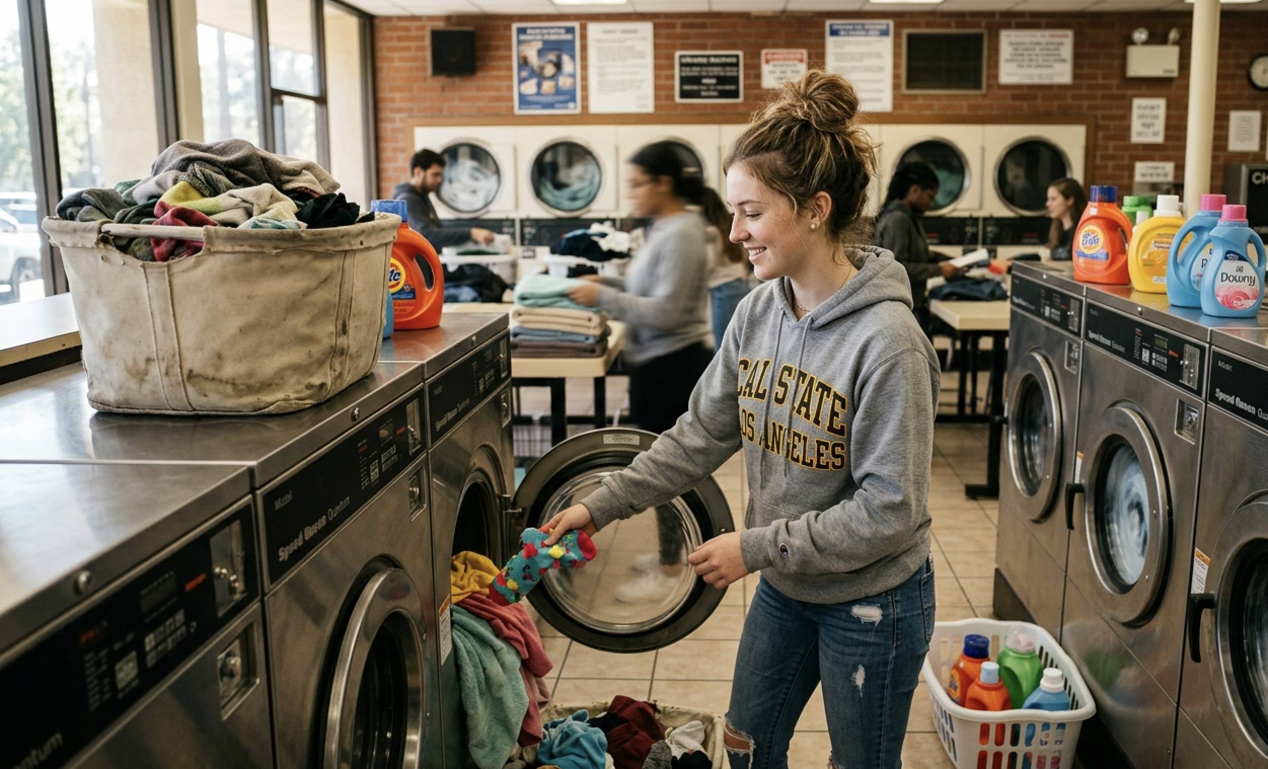 An image of a college girl doing her laundry