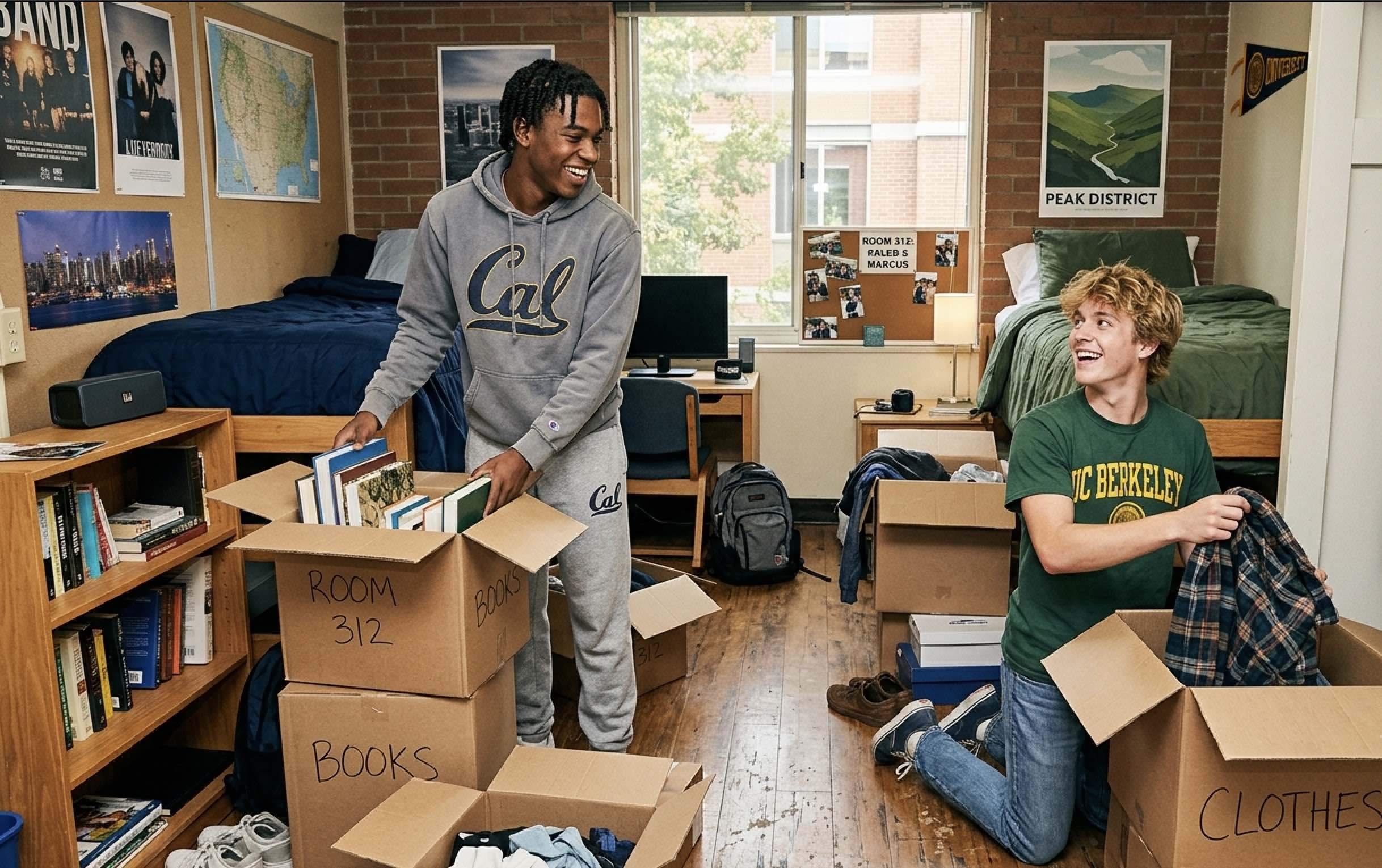 An image of two college kids setting up their dorm room