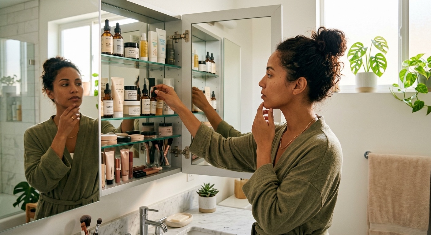 An image of a woman looking at products on her beauty shelf.