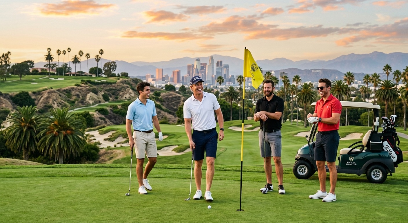 An image of 4 men playing golf on a golf course.