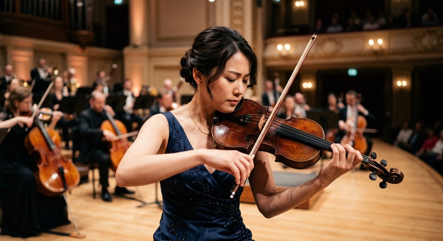 An image of an Asian woman playing the violin