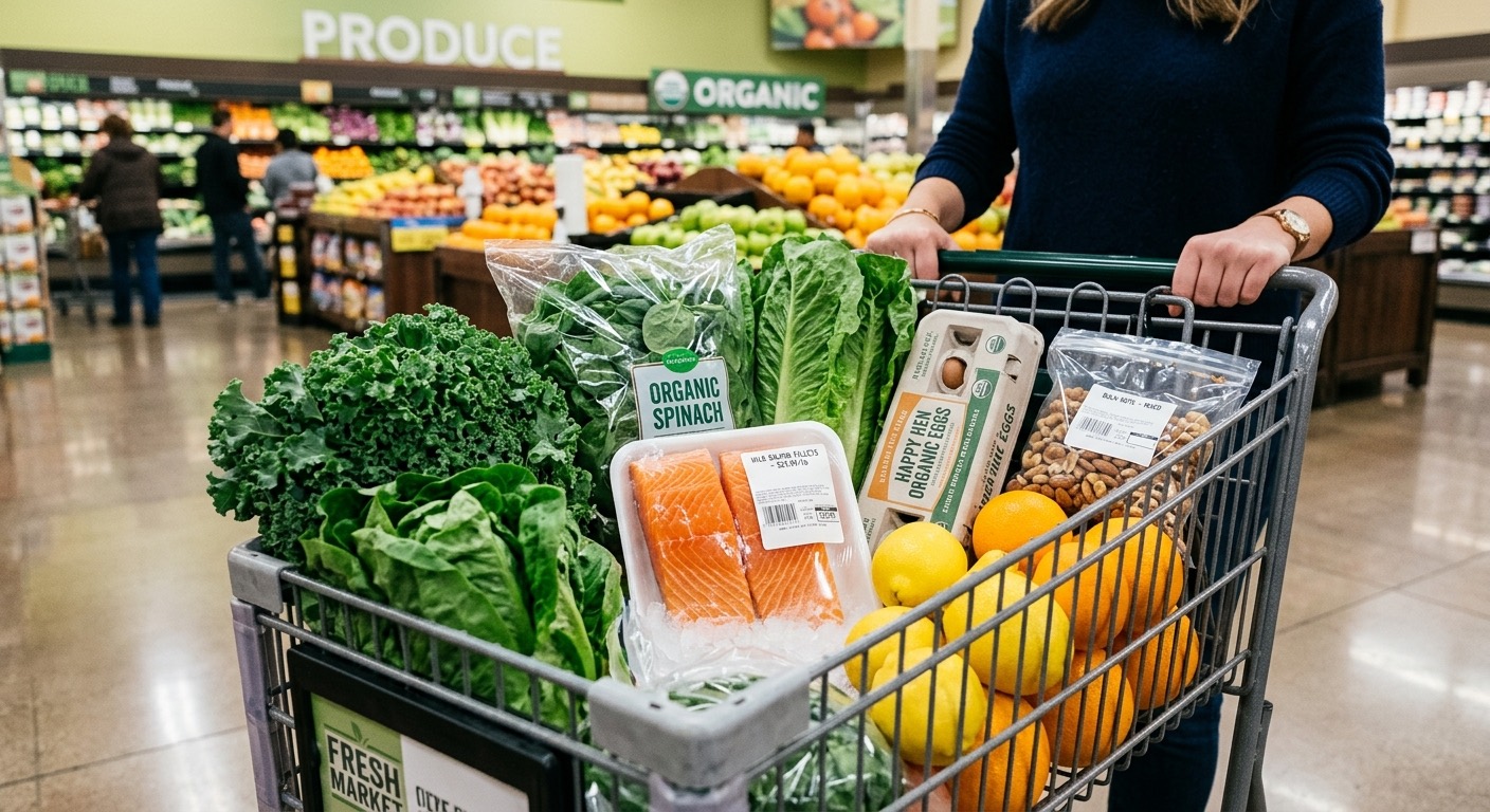 AN image of a grocery cart filled with fresh fruits, veggies, and fish.
