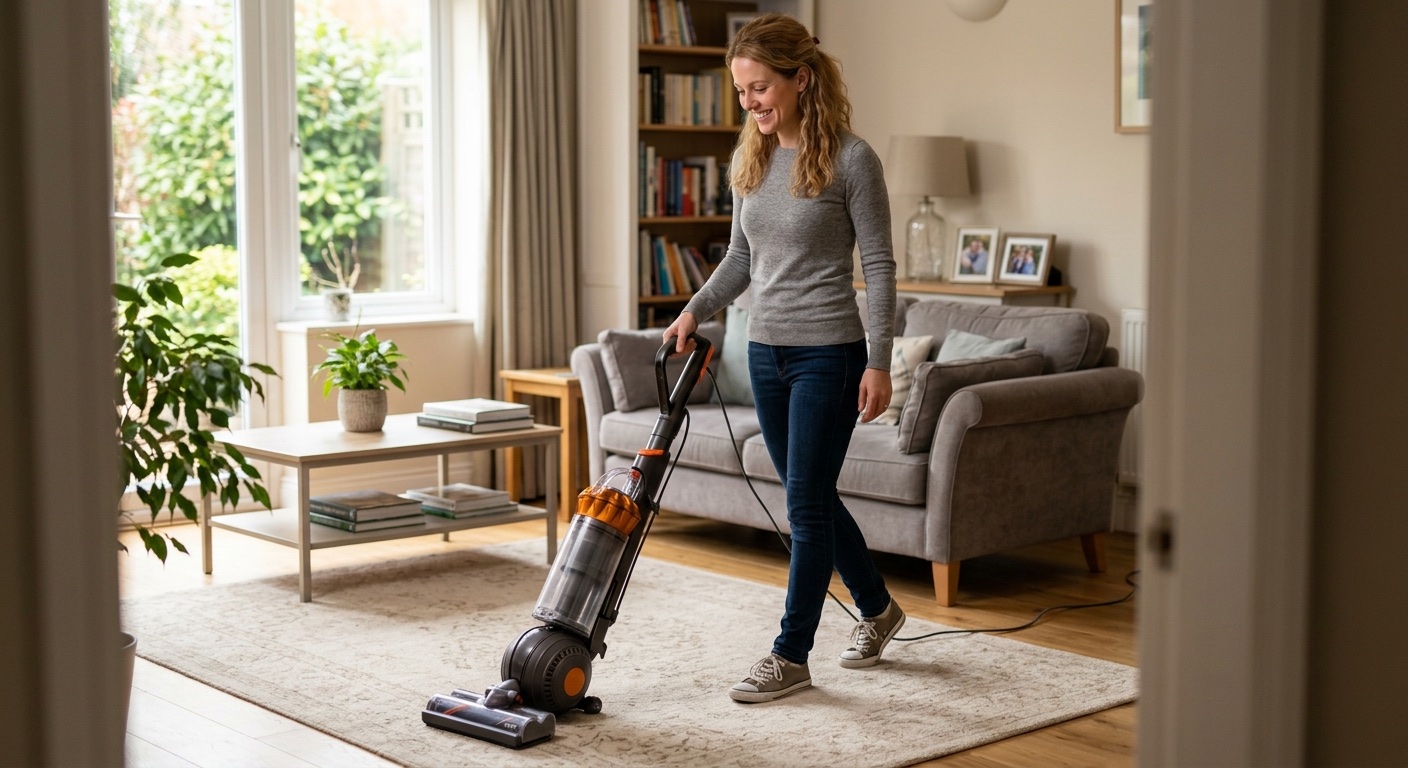 An image of a woman vacuuming her house